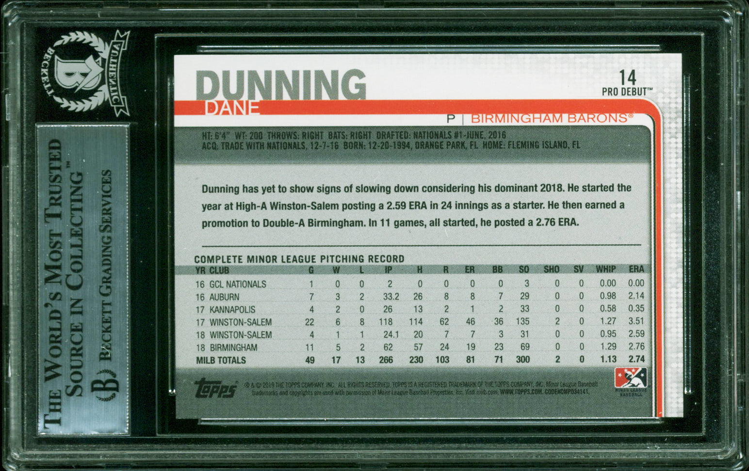 White Sox Dane Dunning Authentic Signed 2019 Topps Pro Debut #14 Card BAS Slab