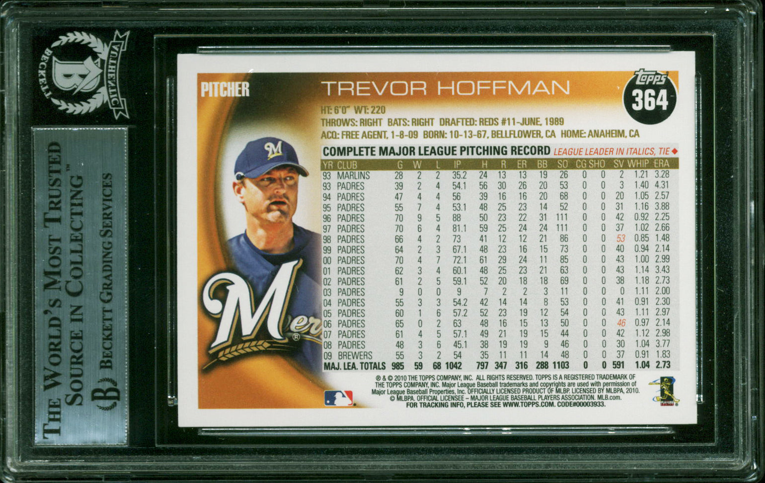 Padres Trevor Hoffman Authentic Signed 2010 Topps #364 Card BAS Slabbed