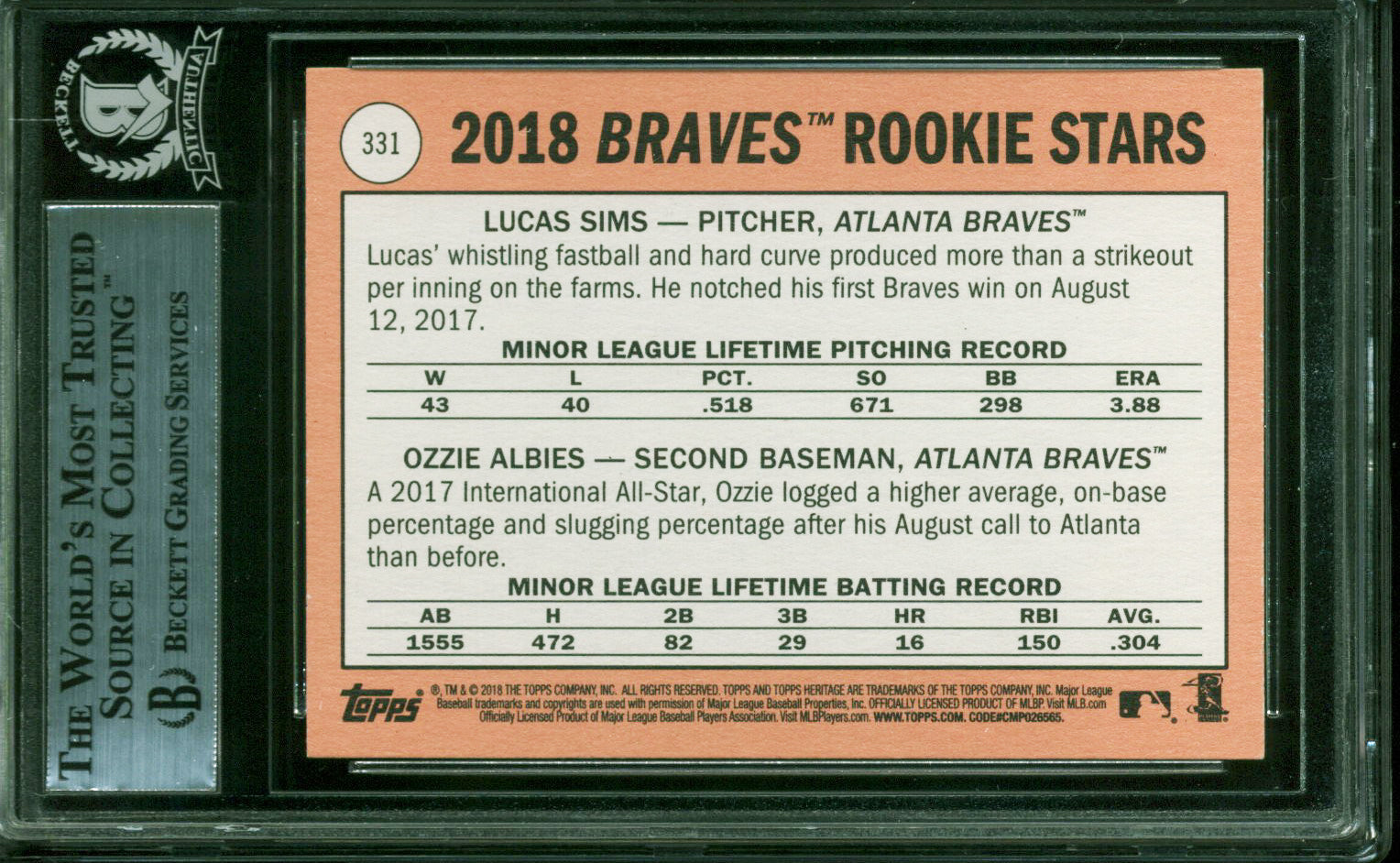 Braves Ozzie Albies Authentic Signed 2018 Topps Heritage #331 Card BAS Slabbed