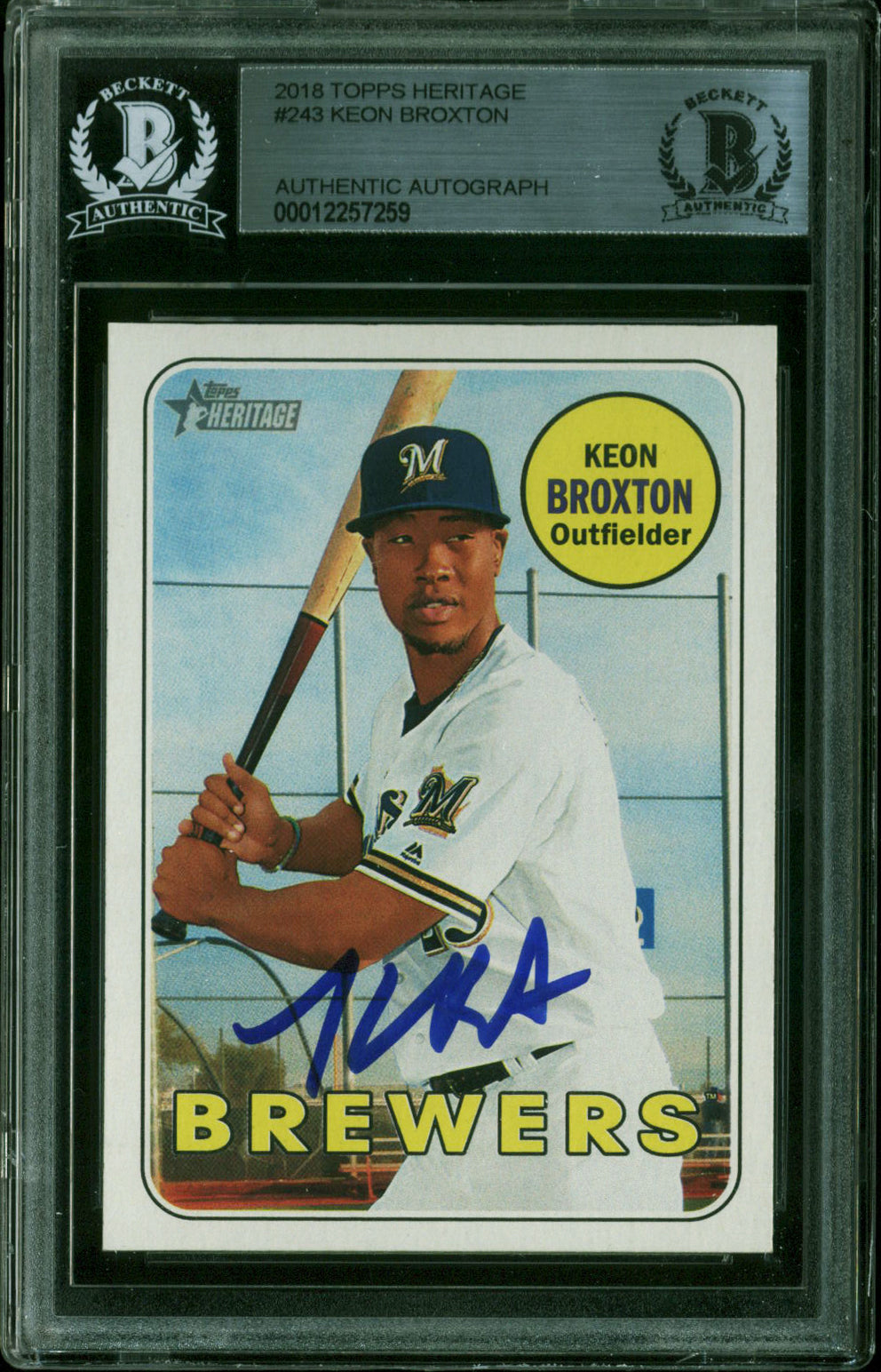 Brewers Keon Broxton Authentic Signed 2018 Topps Heritage #243 Card BAS Slabbed