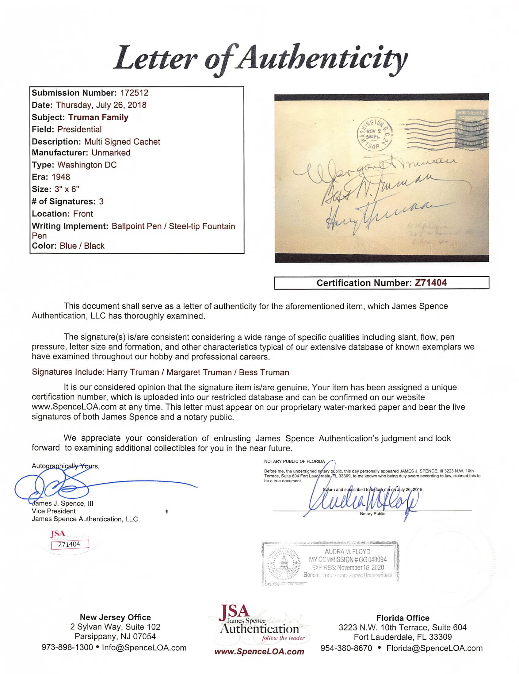 Harry, Margaret & Bess Truman Signed 3.65x6.5 Cachet Postmarked Nov 2, 1948 JSA