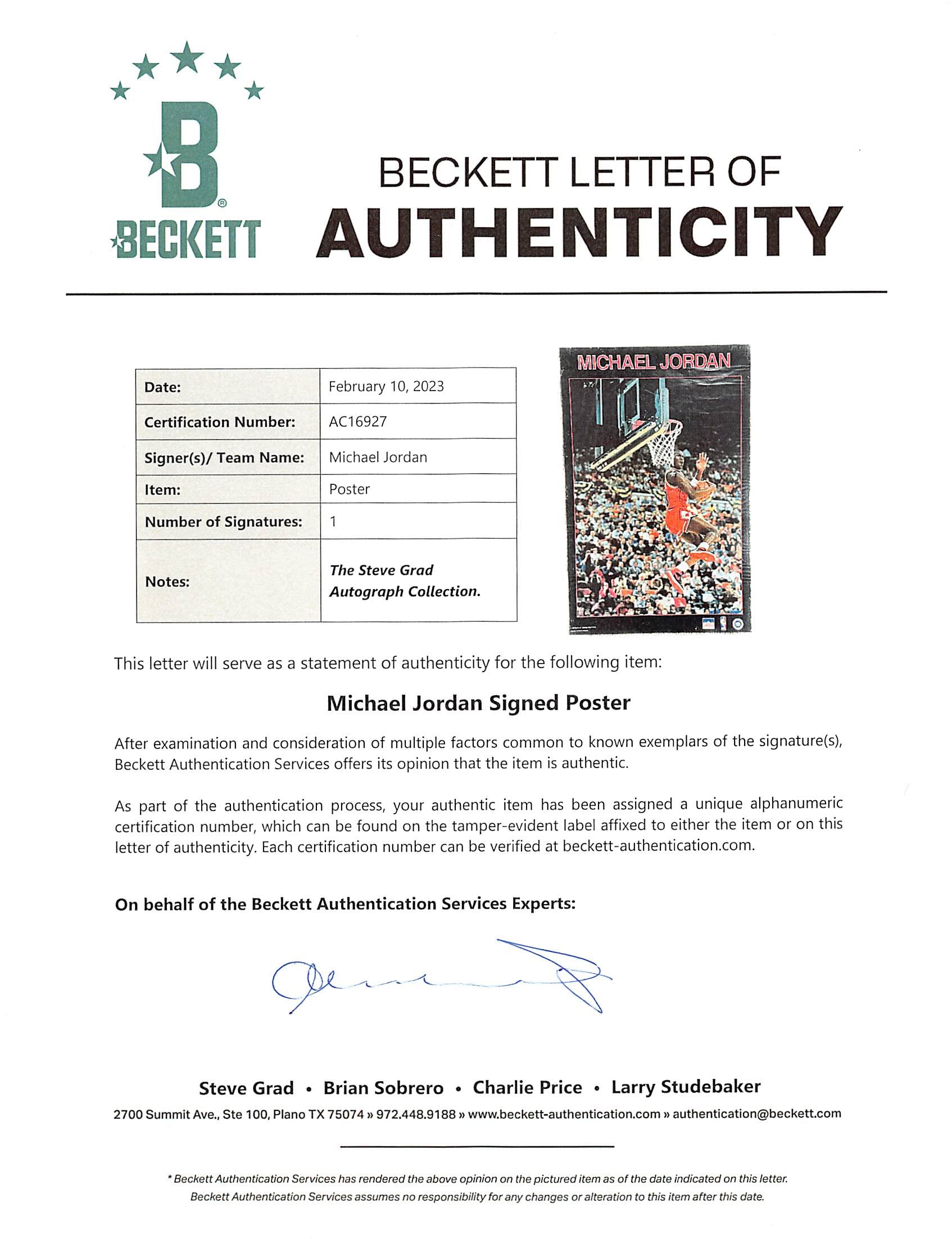 Bulls Michael Jordan Authentic Signed 22x34 1987 Starline Poster BAS #AC16927