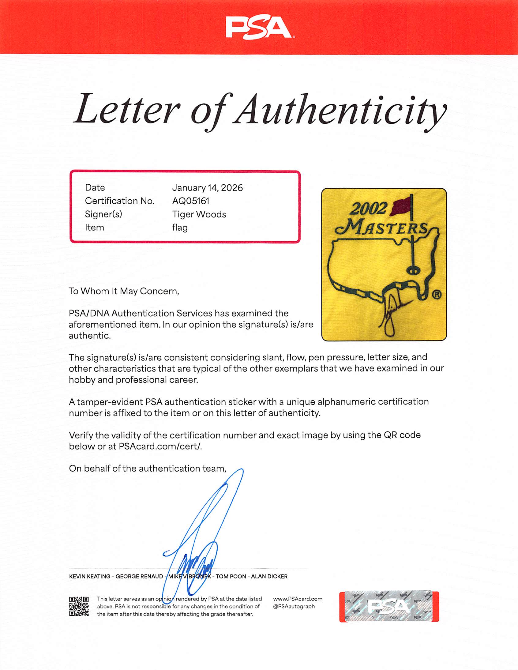 Tiger Woods Authentic Signed & Framed 2002 Masters Pin Flag PSA/DNA #AQ05161