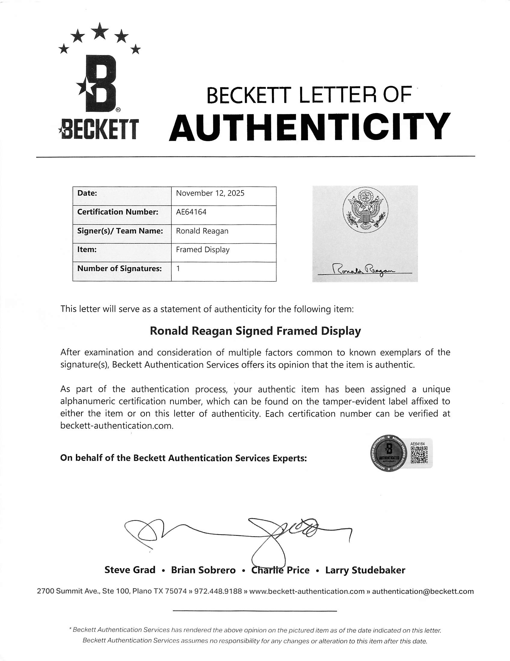 Ronald Reagan Authentic Signed 1x3 Cut Signature Framed Display BAS #AE64164