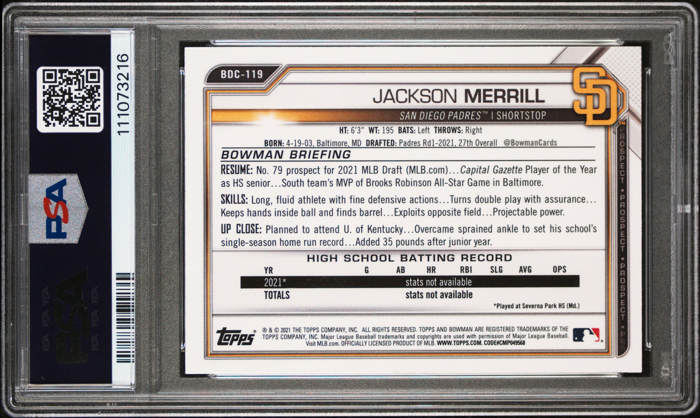 Jackson Merrill Signed 2021 Bowman Chrome #BDC119 RC Card 9 Auto 10! PSA Slabbed