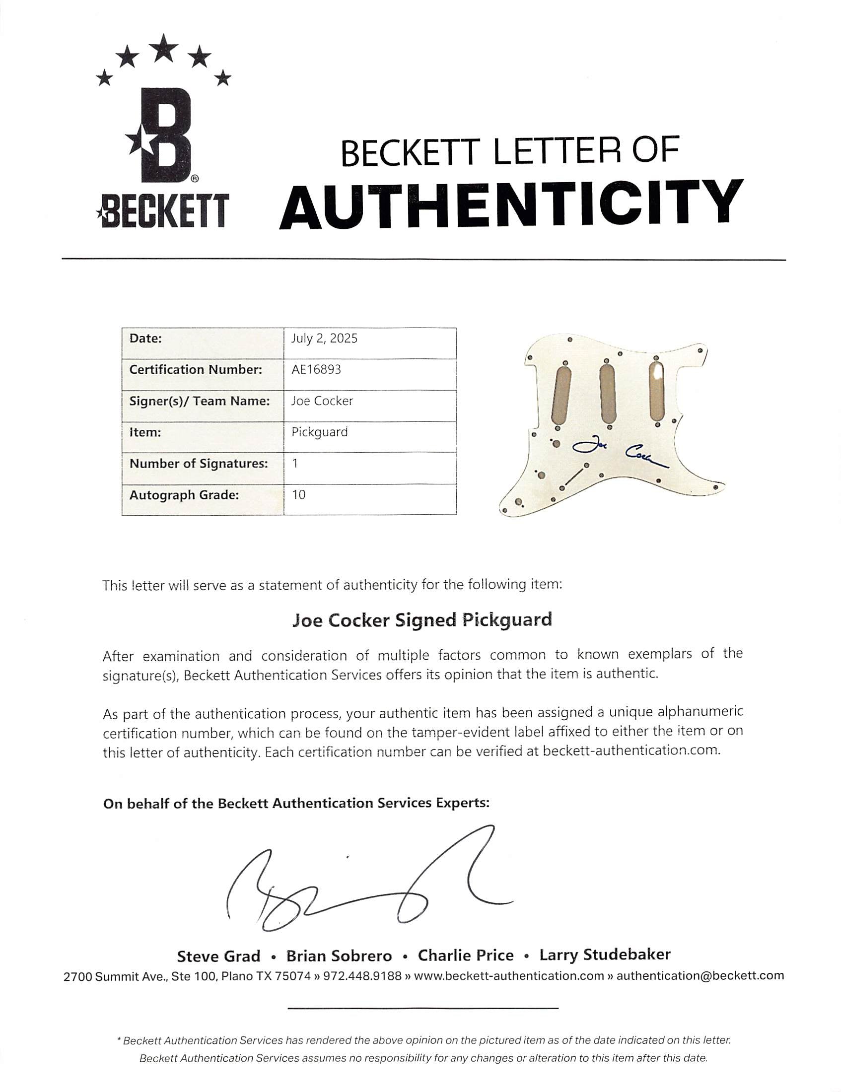 Joe Cocker Authentic Signed Guitar Auto Graded Gem Mint 10! BAS #AE16893