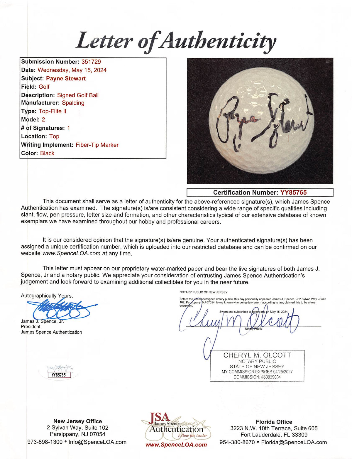 Payne Stewart Authentic Signed Spalding Top Flite II Golf Ball JSA #YY85765