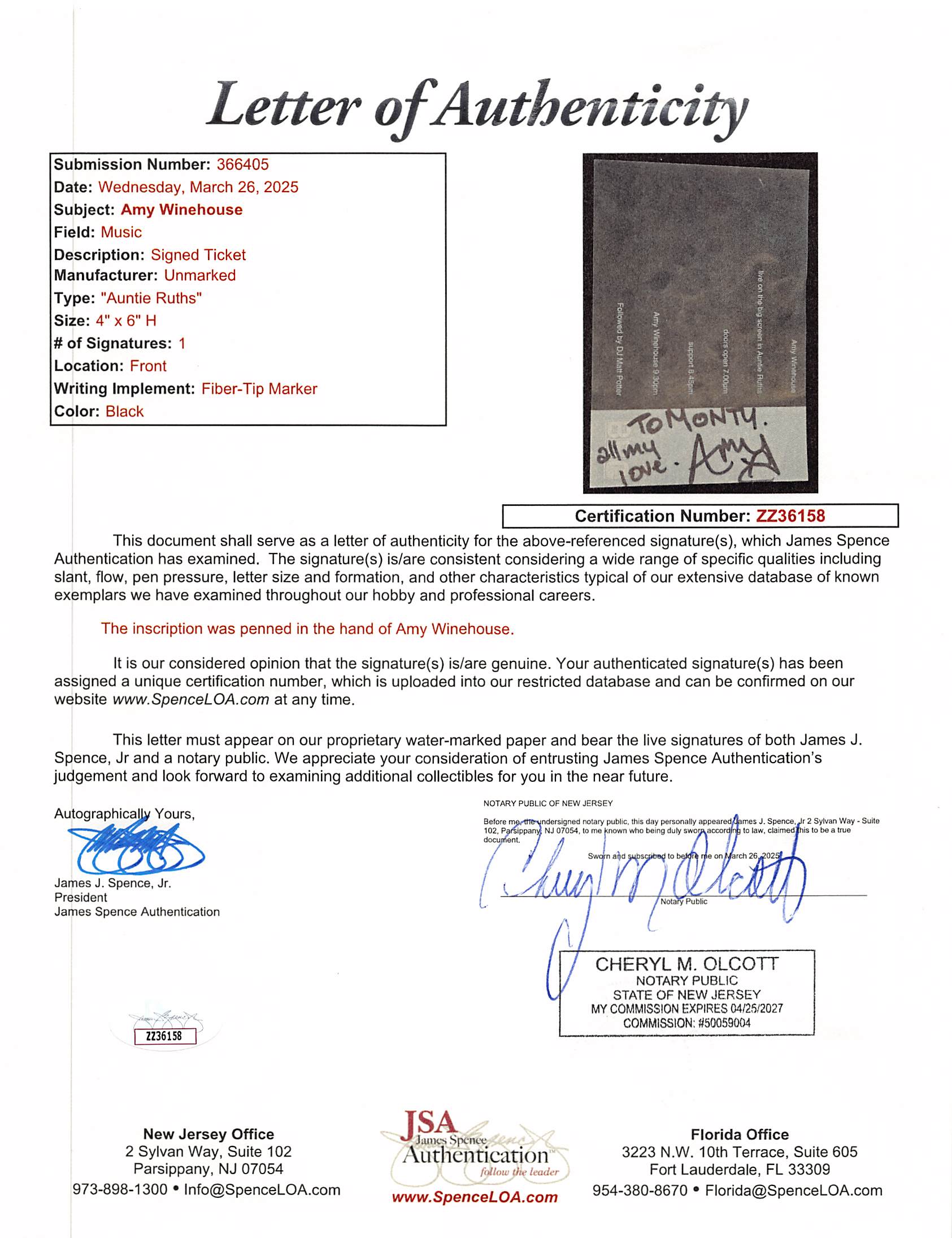 Amy Winehouse "All my love" Signed Black Bottom Club Concert Ticket JSA & BAS