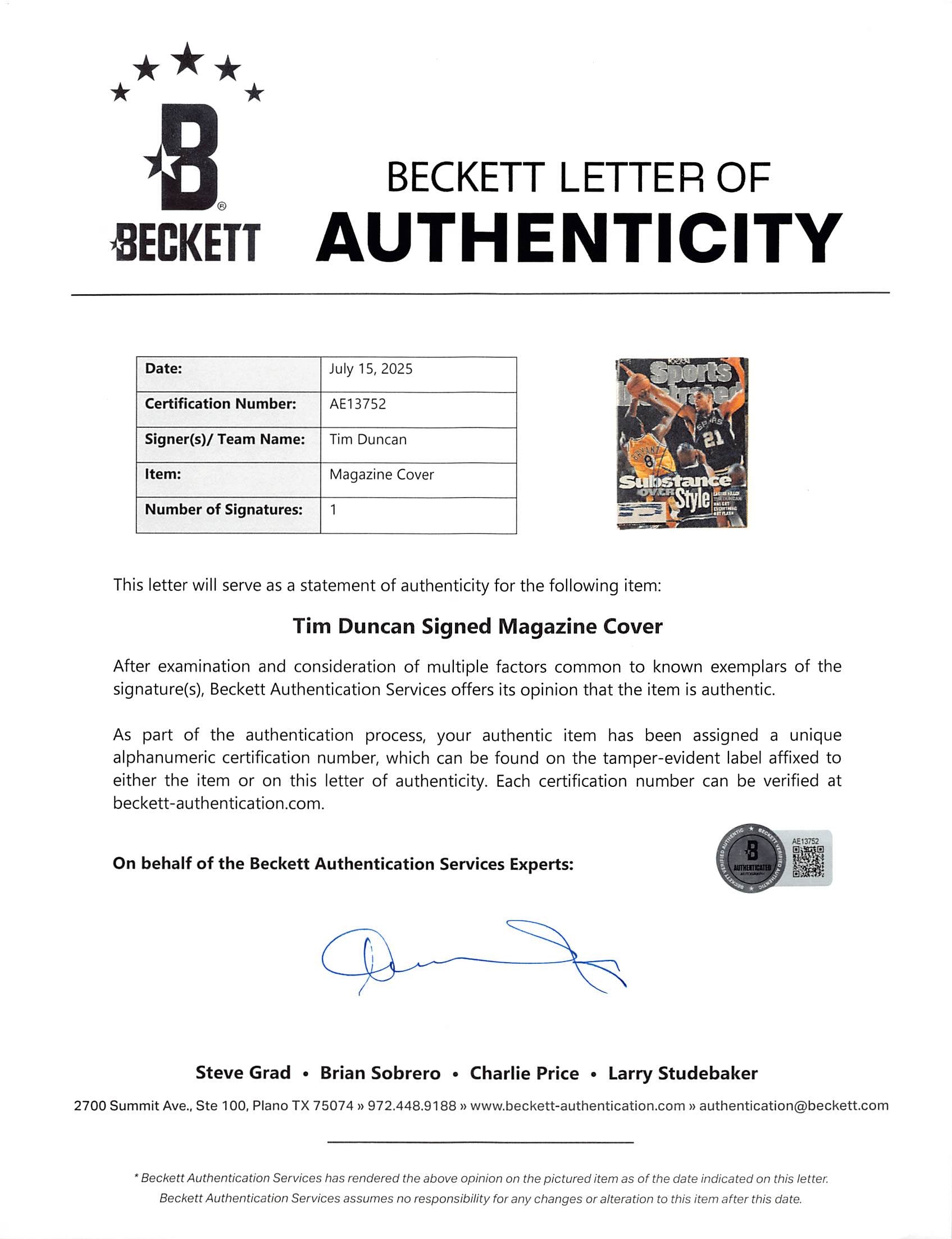 Spurs Tim Duncan Authentic Signed Sports Illustrated Magazine Cover BAS #AE13752