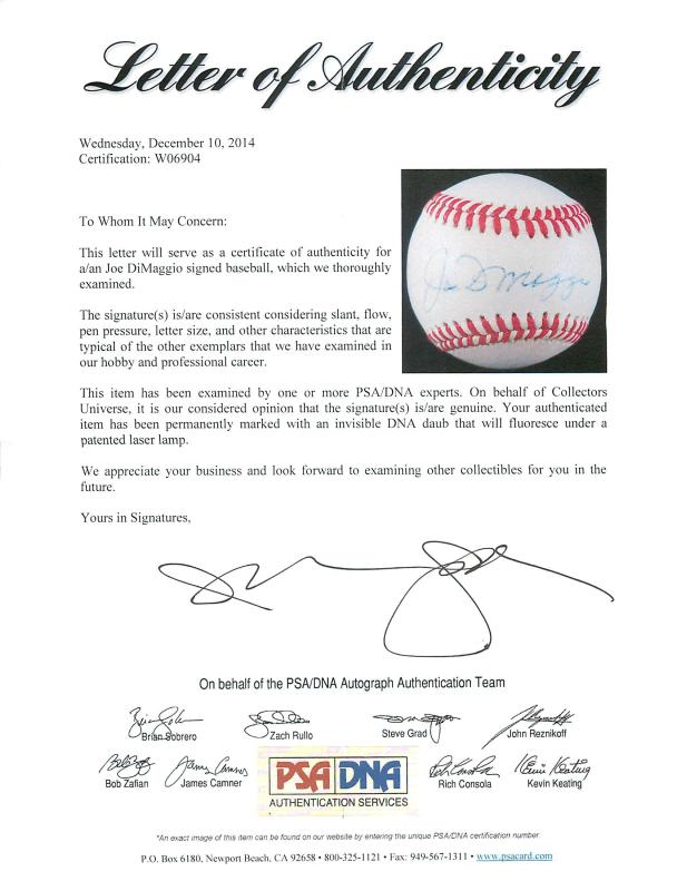 Yankees Joe Dimaggio Signed Authentic Oal Baseball Autographed PSA/DNA #W06904