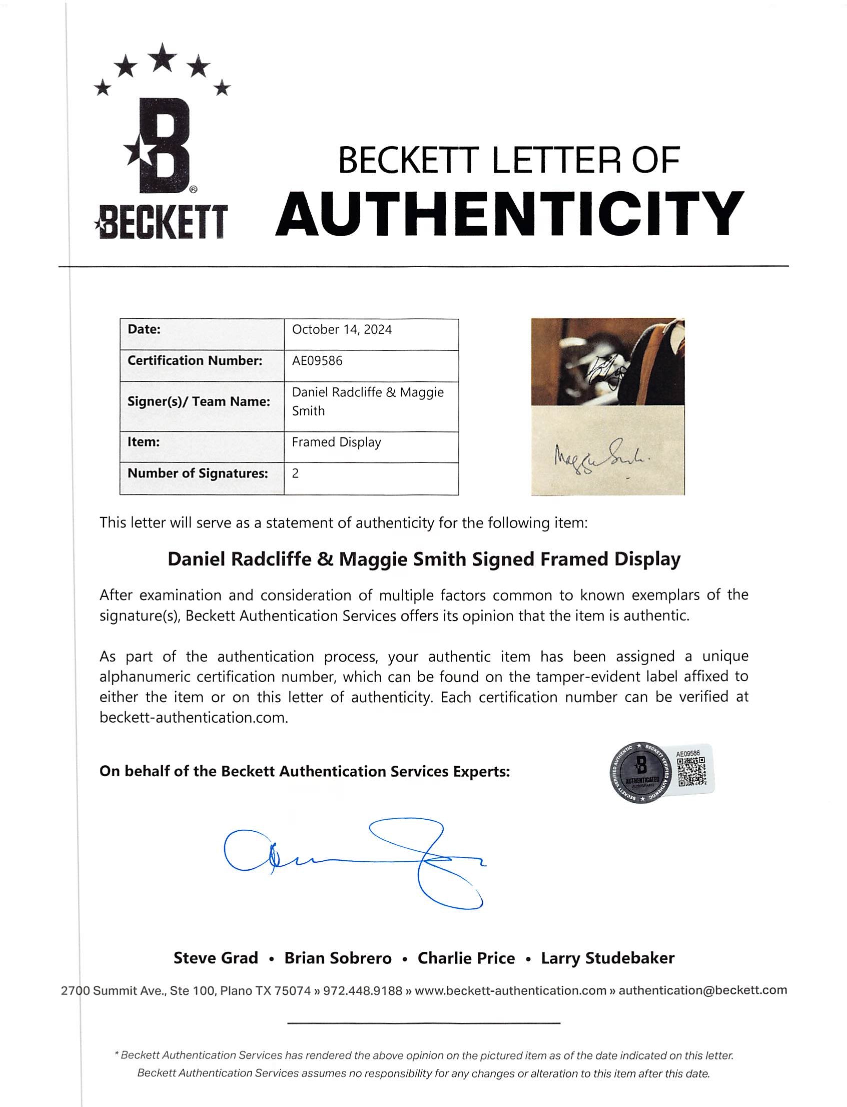 Daniel Radcliffe & Maggie Smith Harry Potter Signed Framed Display BAS #AE09586