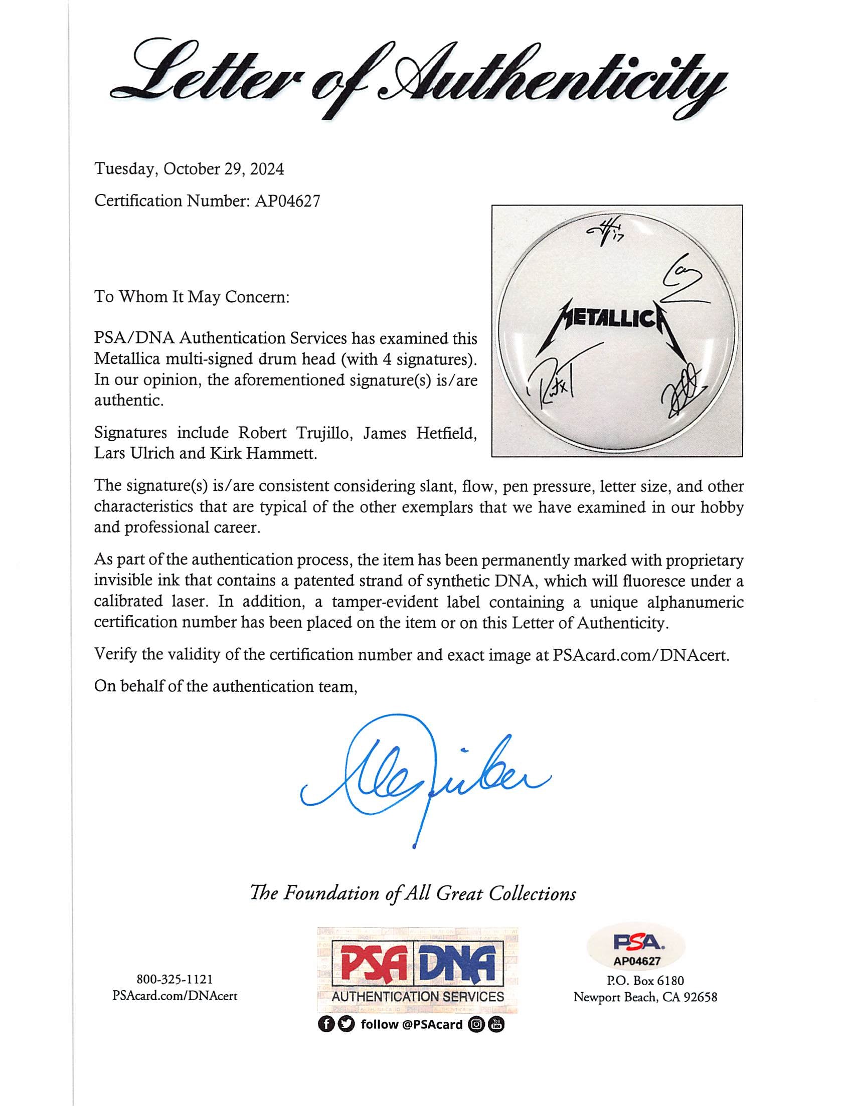 Metallica (4) Hetfield, Ulrich, Hammett & Trujillo Signed 11 Inch Drum Head PSA