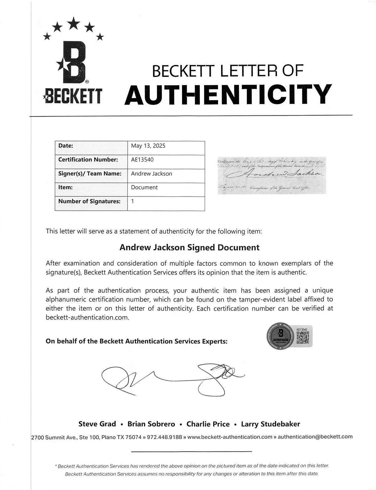 Andrew Jackson Authentic Signed 9.5x15.35 1831 Land Grant Document BAS #AE13540