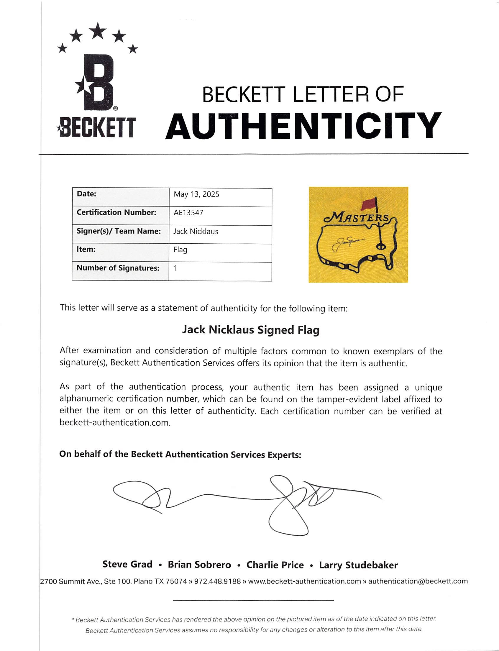 Jack Nicklaus Authentic Signed & Framed Yellow Masters Pin Flag BAS COA