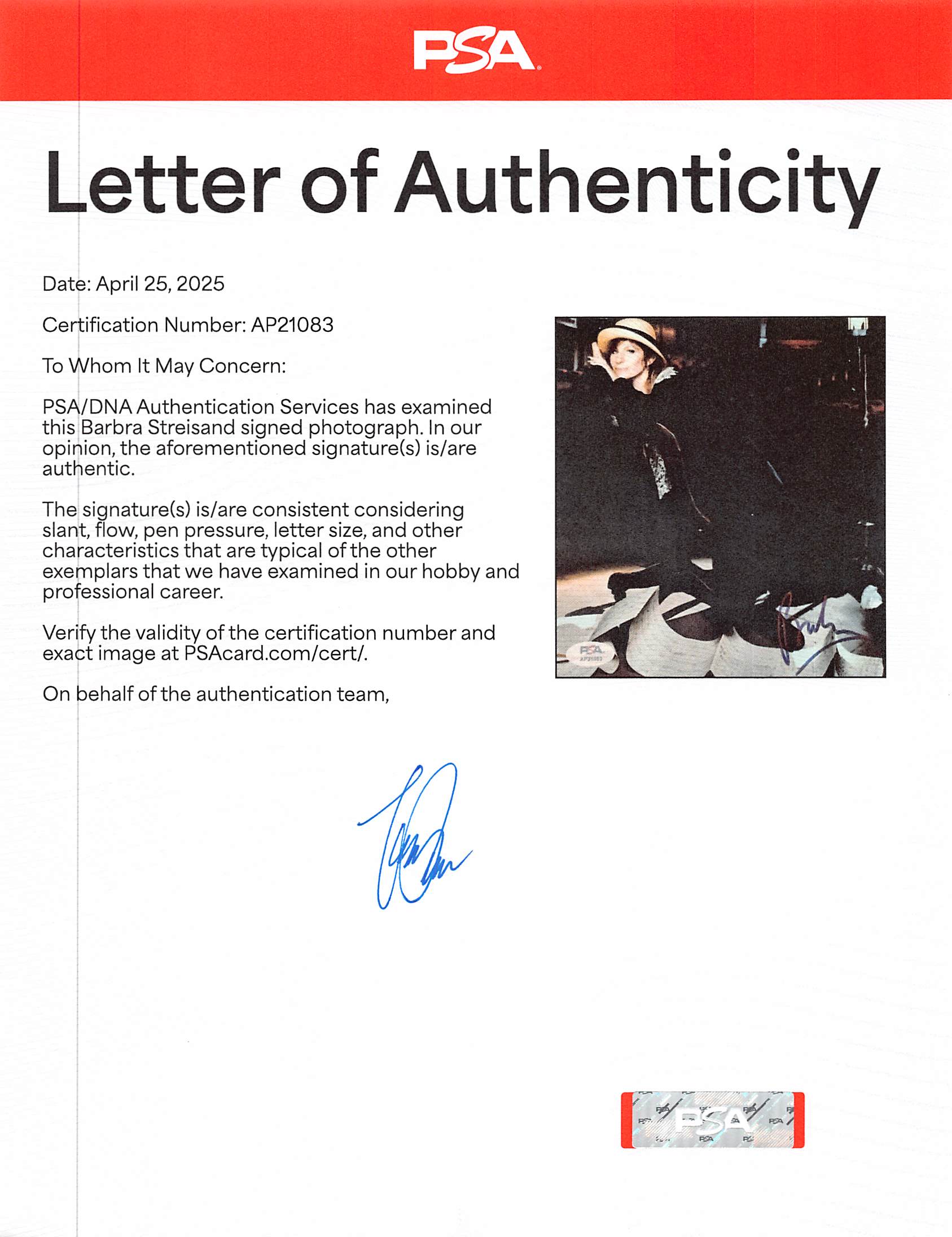 Barbra Streisand Funny Girl Authentic Signed 8x10 Photo PSA/DNA #AP21083