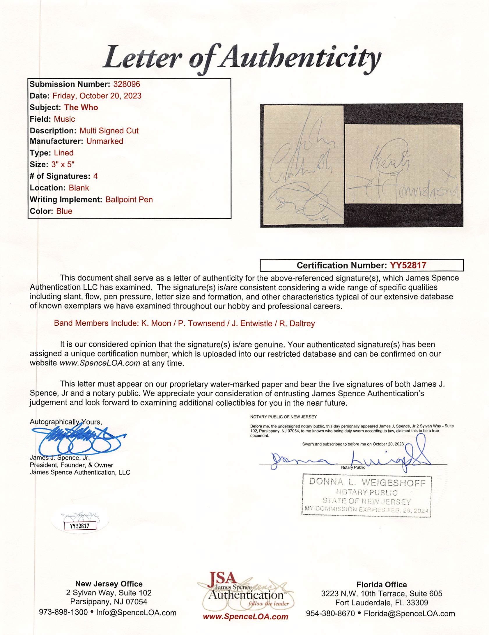 The Who (4) Moon, Townshend, Entwistle, Daltrey Signed & Framed Cut JSA #YY52817