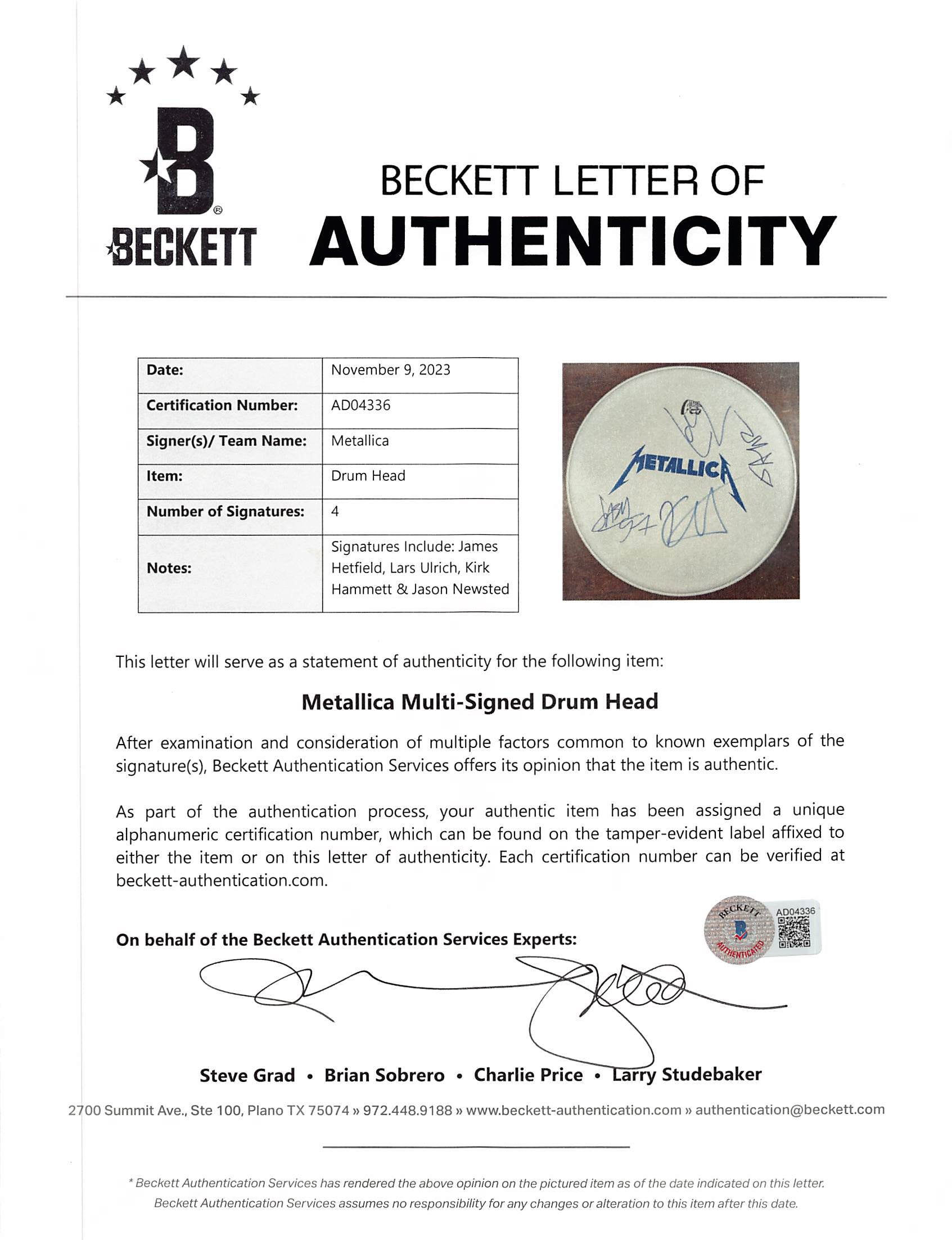 Metallica (4) Hetfield, Ulrich, Hammett +1 Signed 15 Inch Drum Head BAS #AD04336