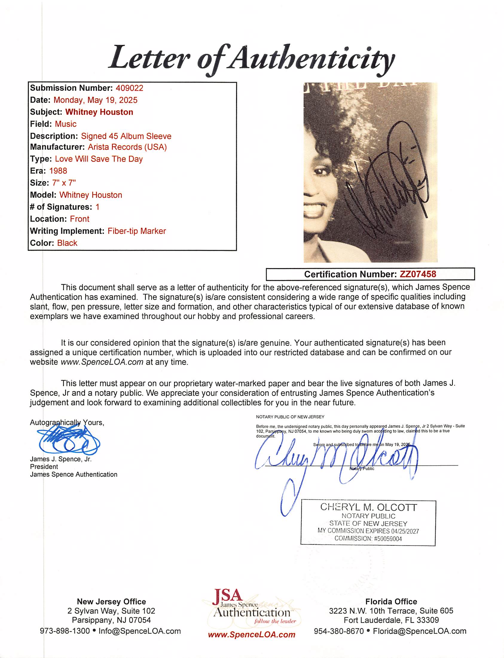 Whitney Houston Signed Love Will Save the Day 45 RPM Album Cover JSA #ZZ07458