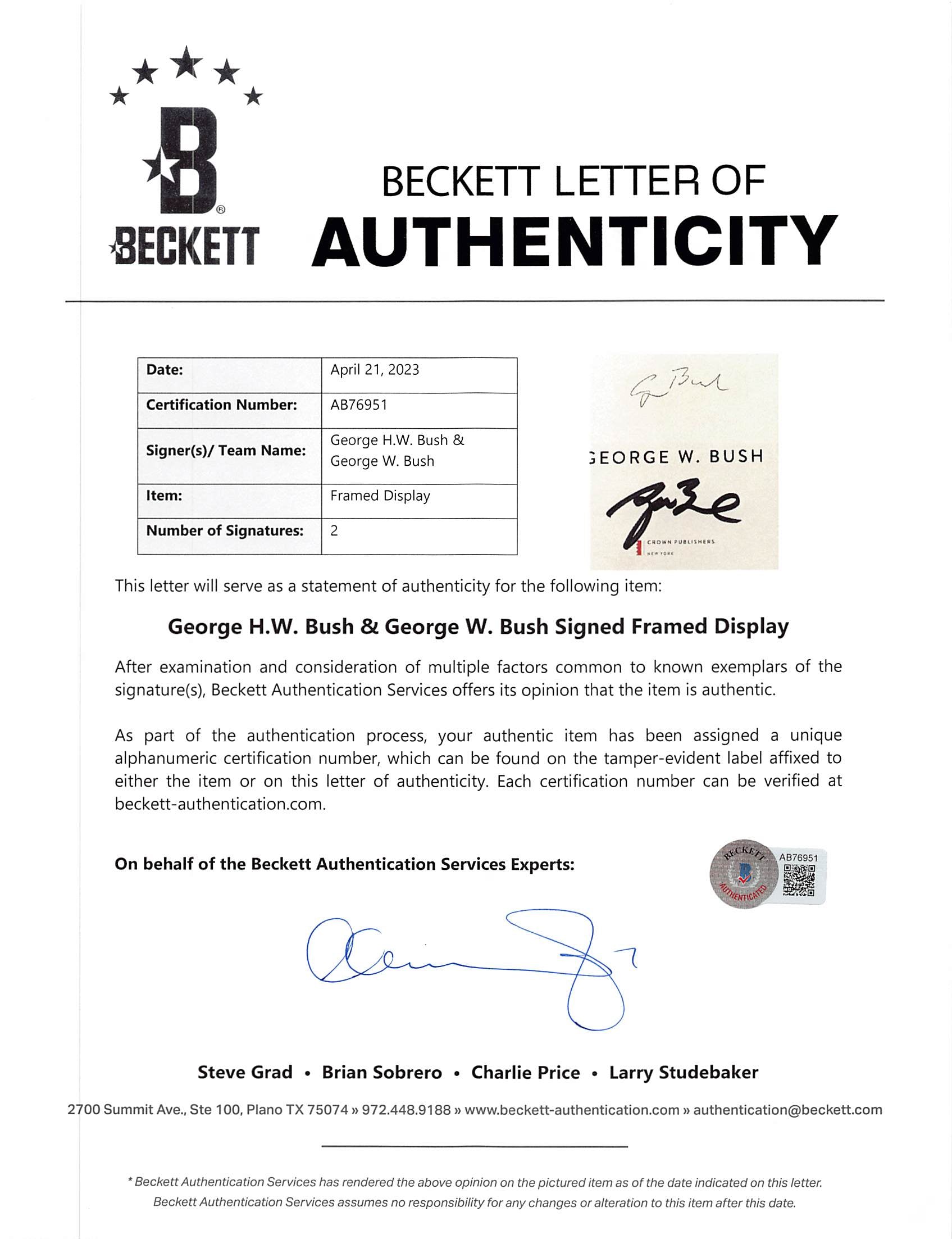 George H.W. Bush & George W. Bush Authentic Signed Framed Display BAS #AB76951