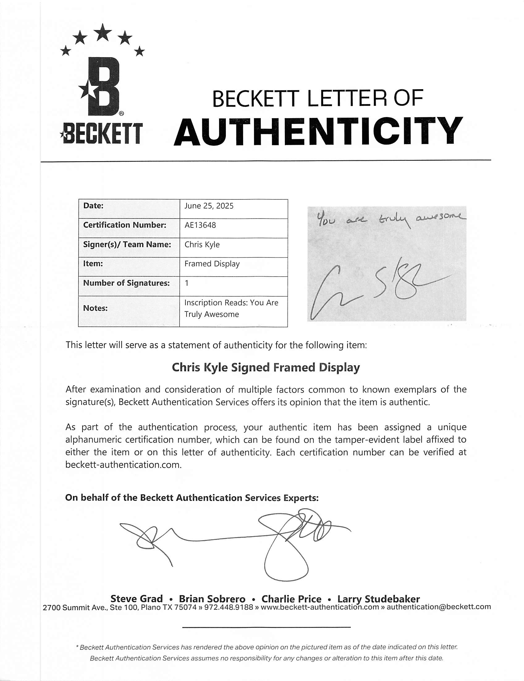 Chris Kyle Authentic Signed & Framed Cut Signature Autographed BAS #AE13648