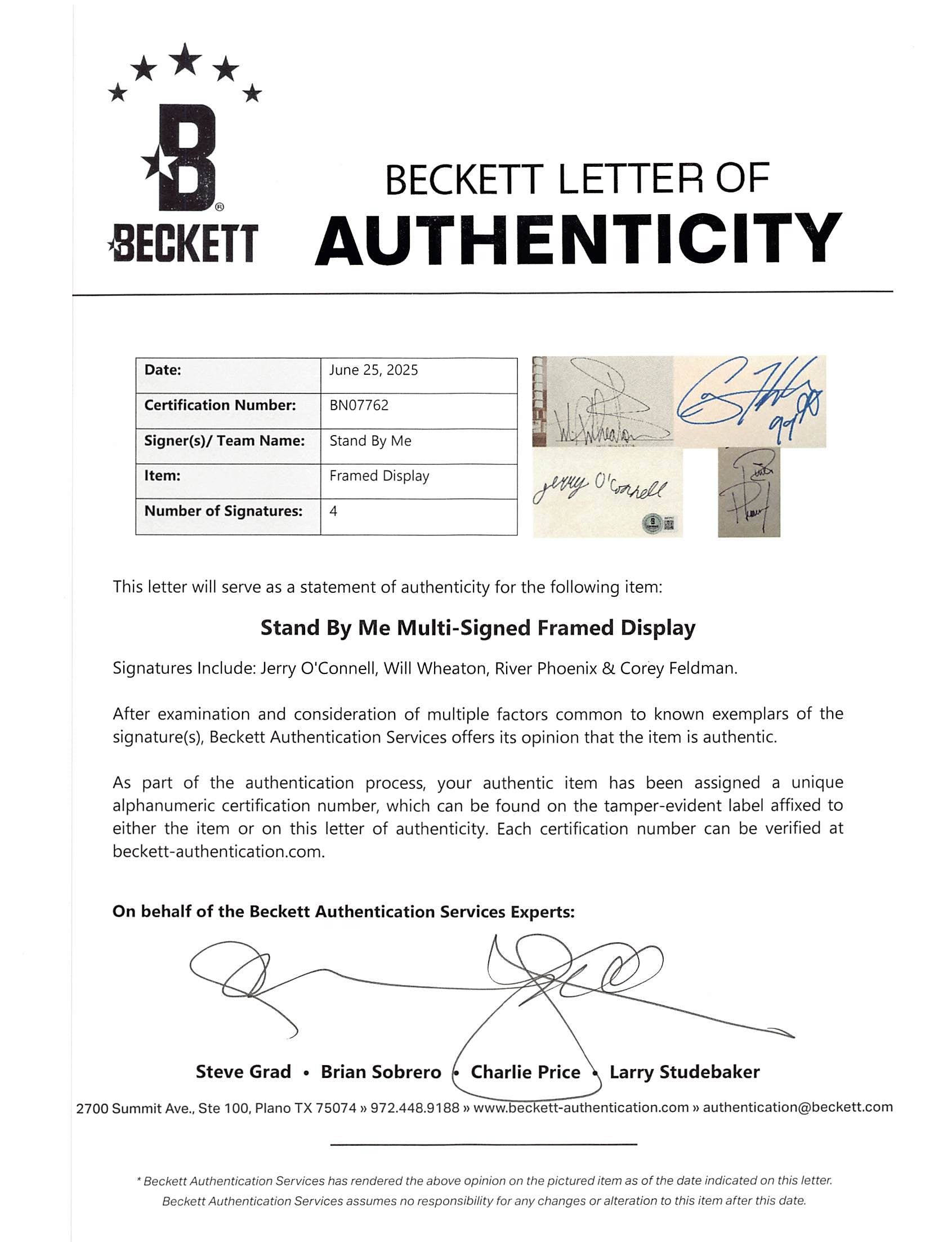 Stand By Me (4) Phoenix, Feldman, O'Connell & Wheaton Signed Framed Display BAS