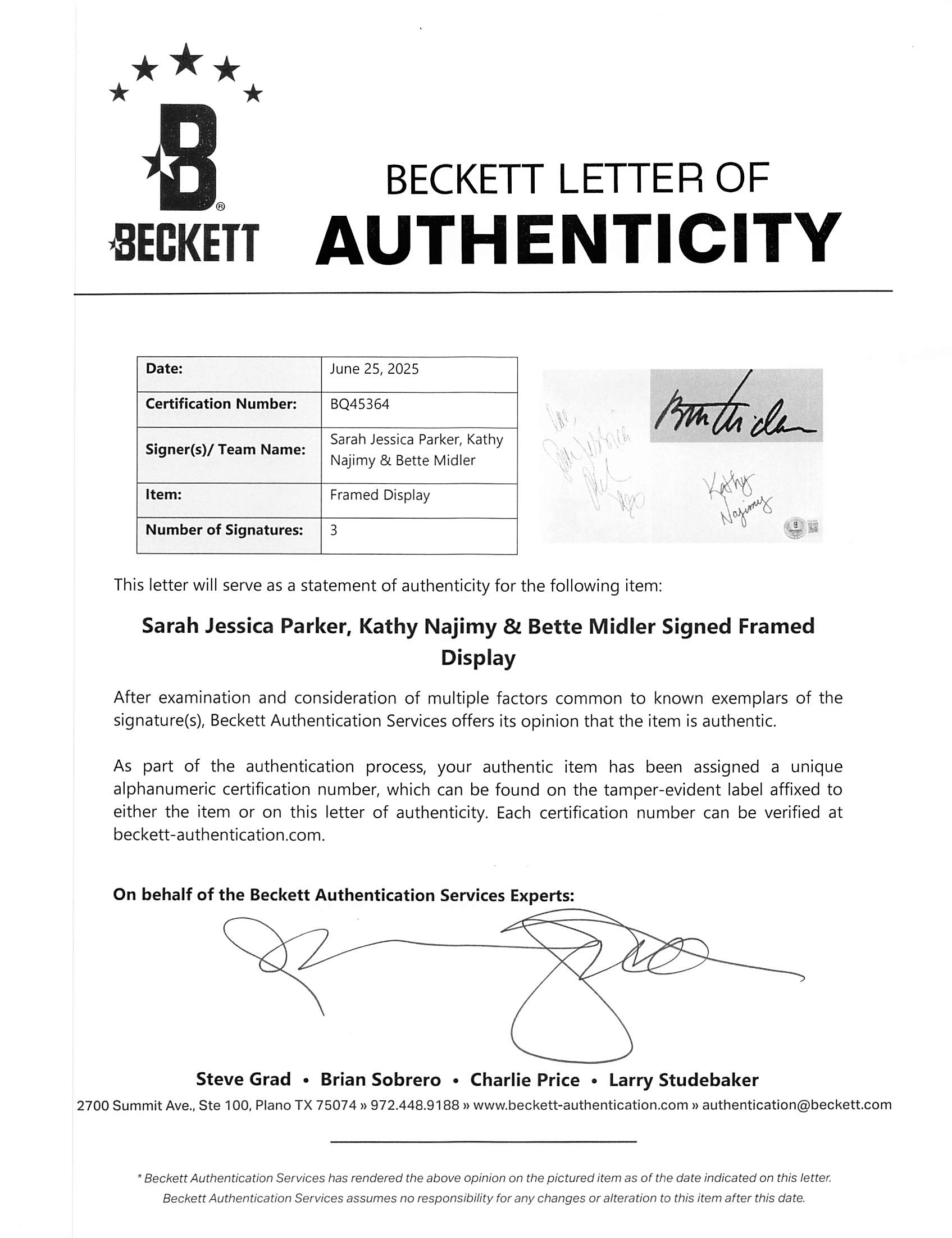 Hocus Pocus (3) Parker, Midler & Najimy Signed Framed Display BAS #BQ45364