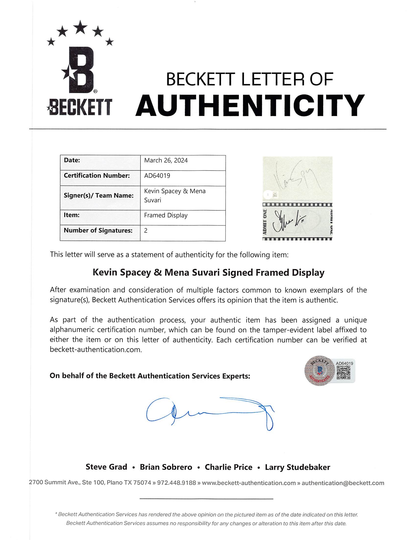 Kevin Spacey & Mena Suvari American Beauty Authentic Signed Framed Display BAS