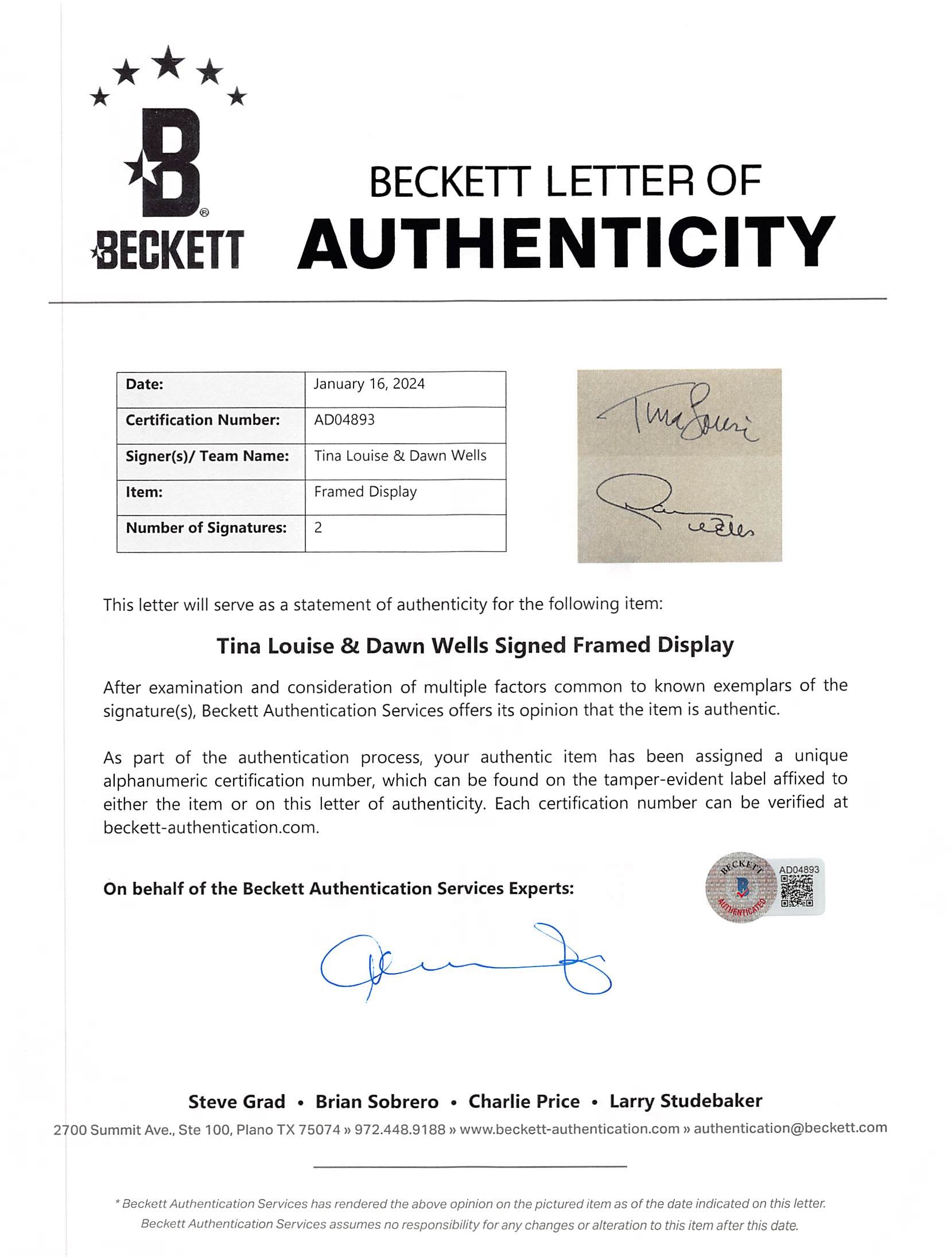 Dawn Wells & Tina Louise Gilligan's Island Signed Framed Display BAS #AD04893