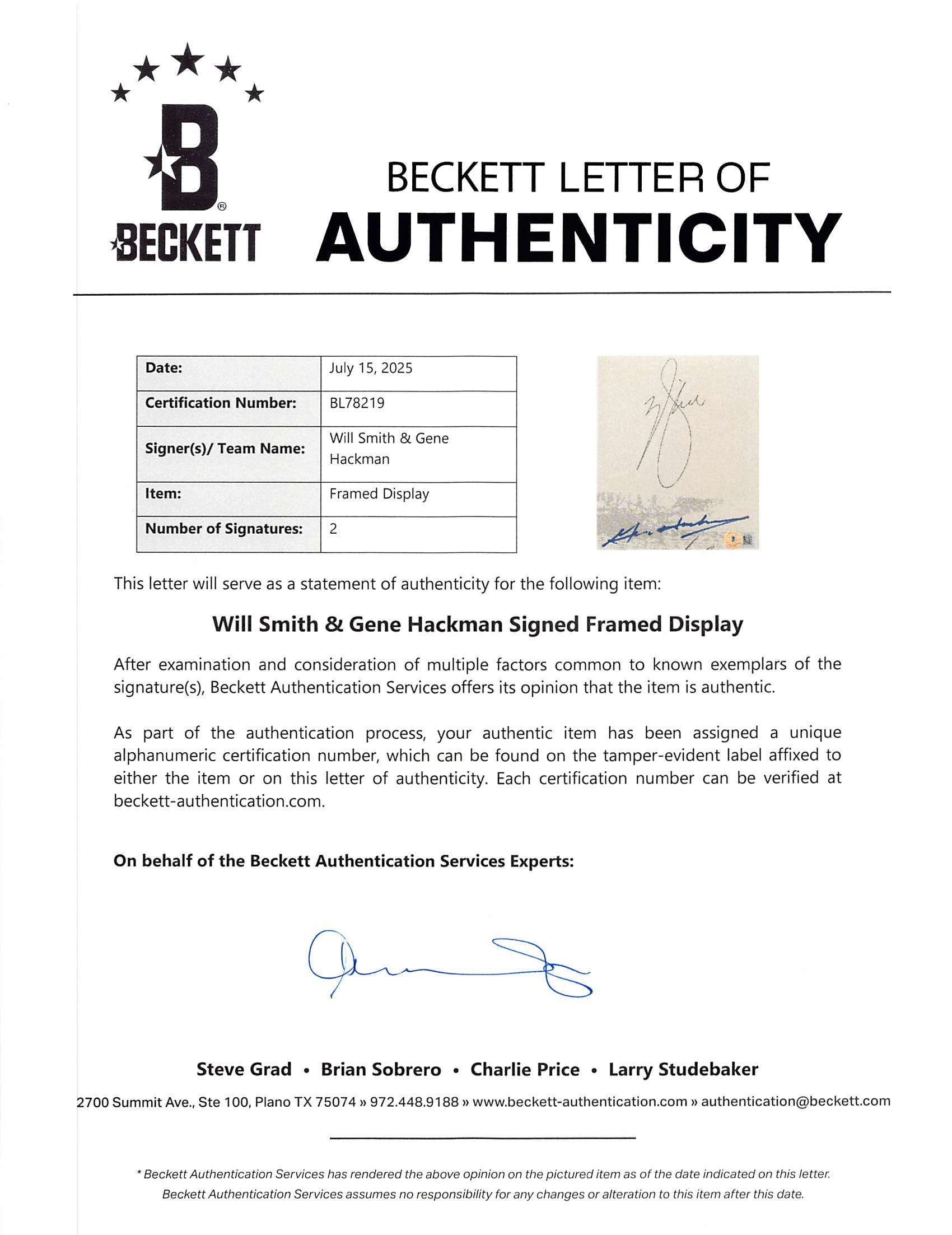 Will Smith & Gene Hackman Enemy Of The State Signed Framed Display BAS #BL78219