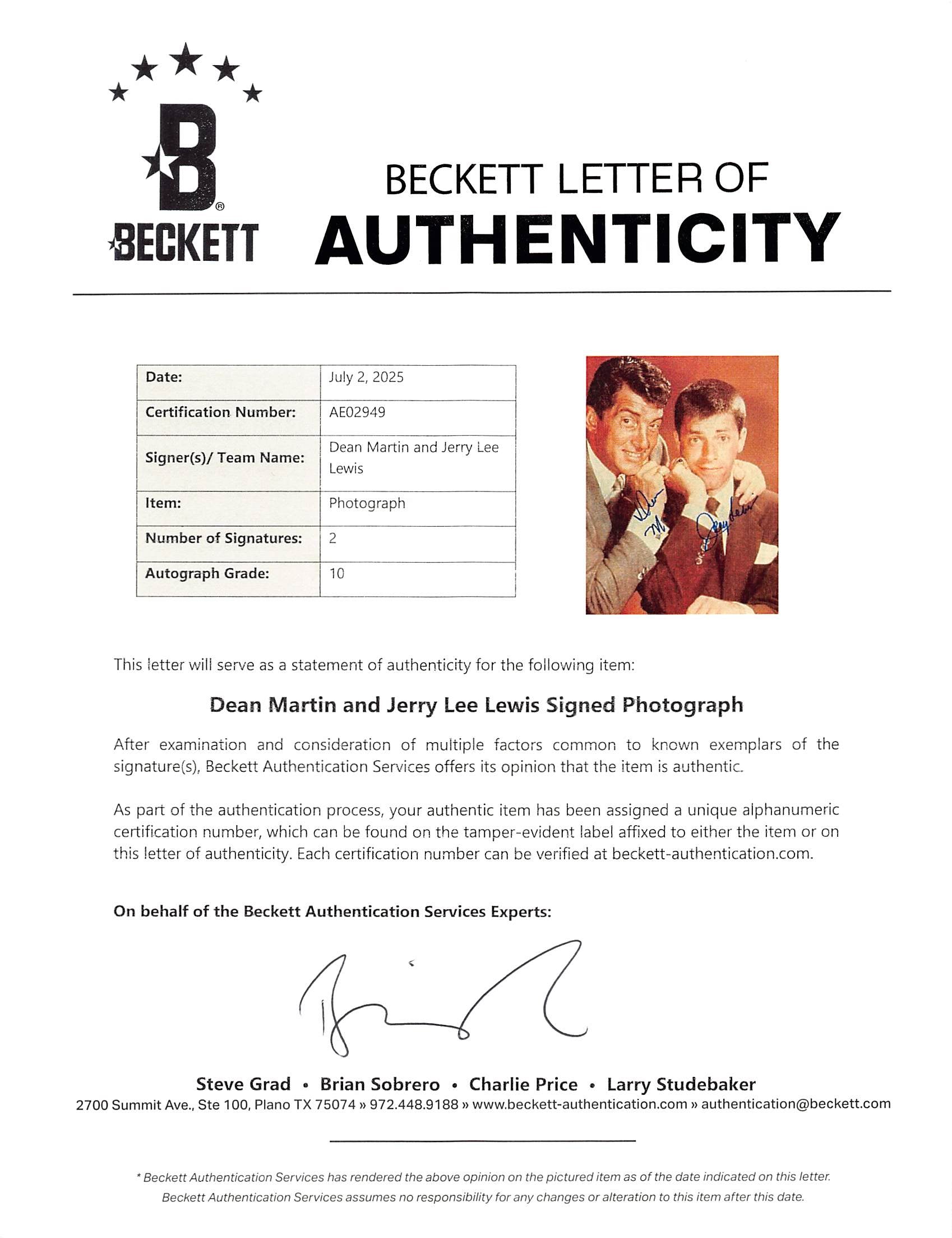 Dean Martin & Jerry Lewis Authentic Signed 11x14 Photo Auto 10! BAS #AE02949