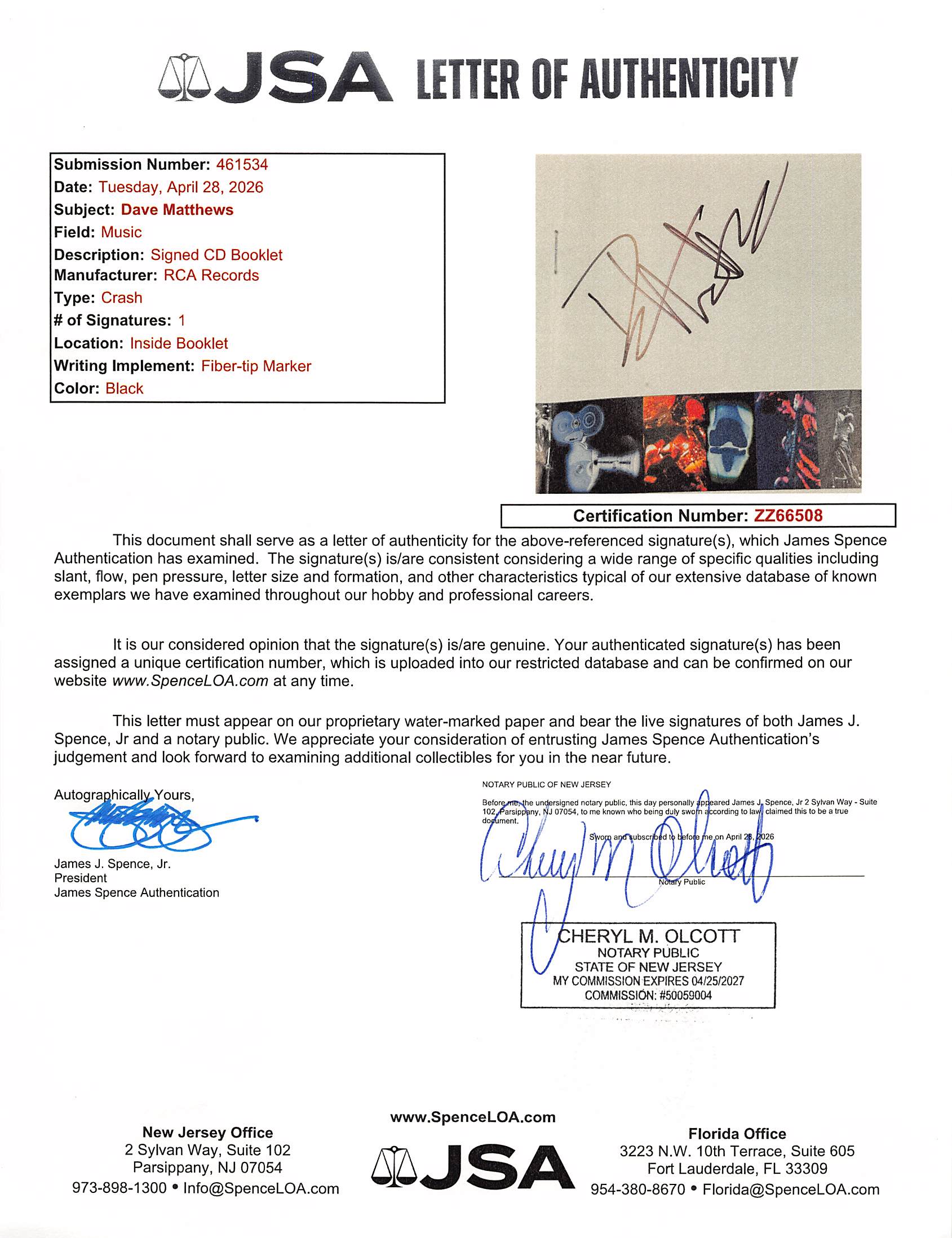 Dave Matthews Dave Matthews Band Signed Crash Album Framed Display JSA #ZZ66508