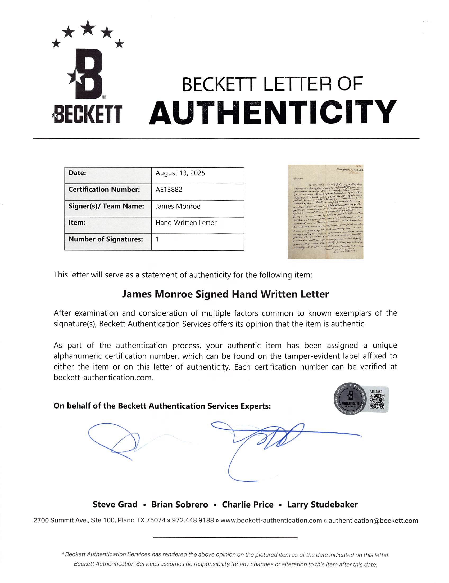 James Monroe Signed 8x10 1830 Handwritten Recommendation Letter BAS #AE13882