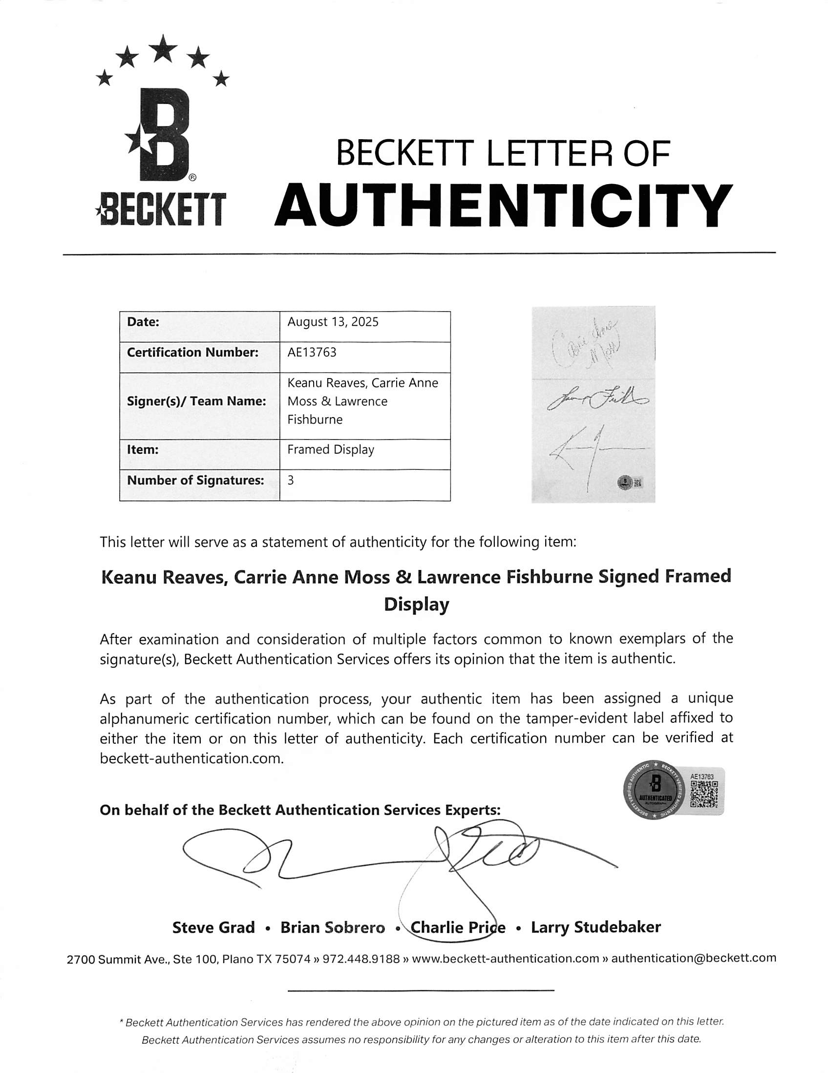 The Matrix (3) Reeves, Fishburne & Anne Moss Signed Framed Display BAS #AE13763