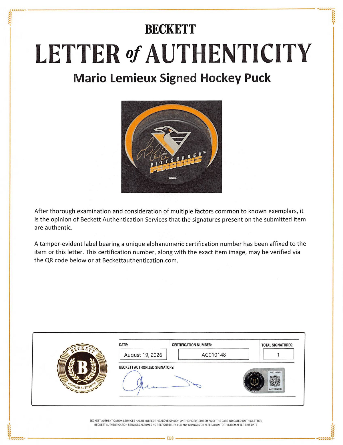 Penguins Mario Lemieux Signed & Framed Official Hockey Puck BAS #AG010148