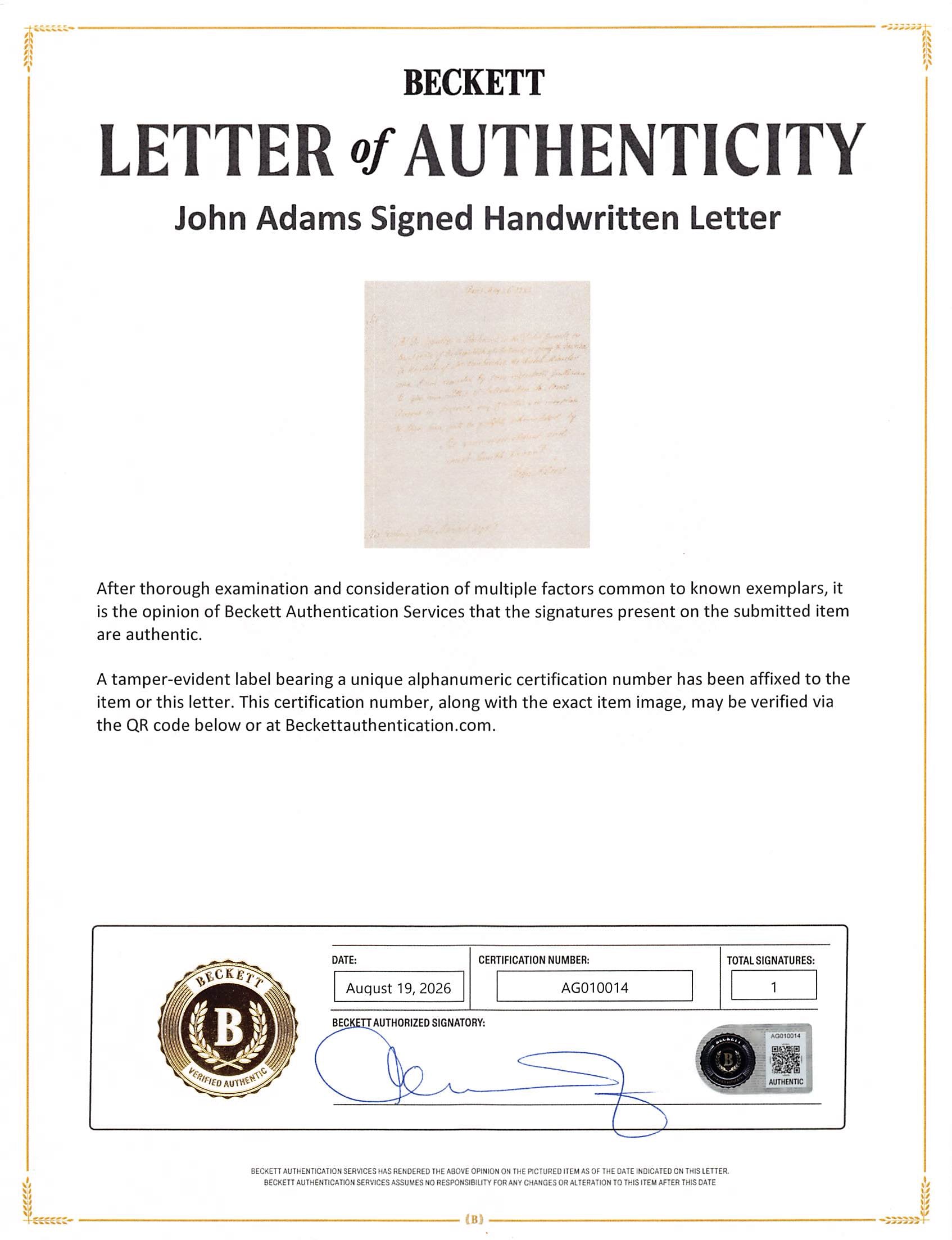 John Adams Signed & Framed 1783 Handwritten Letter To John Handcock BAS LOA