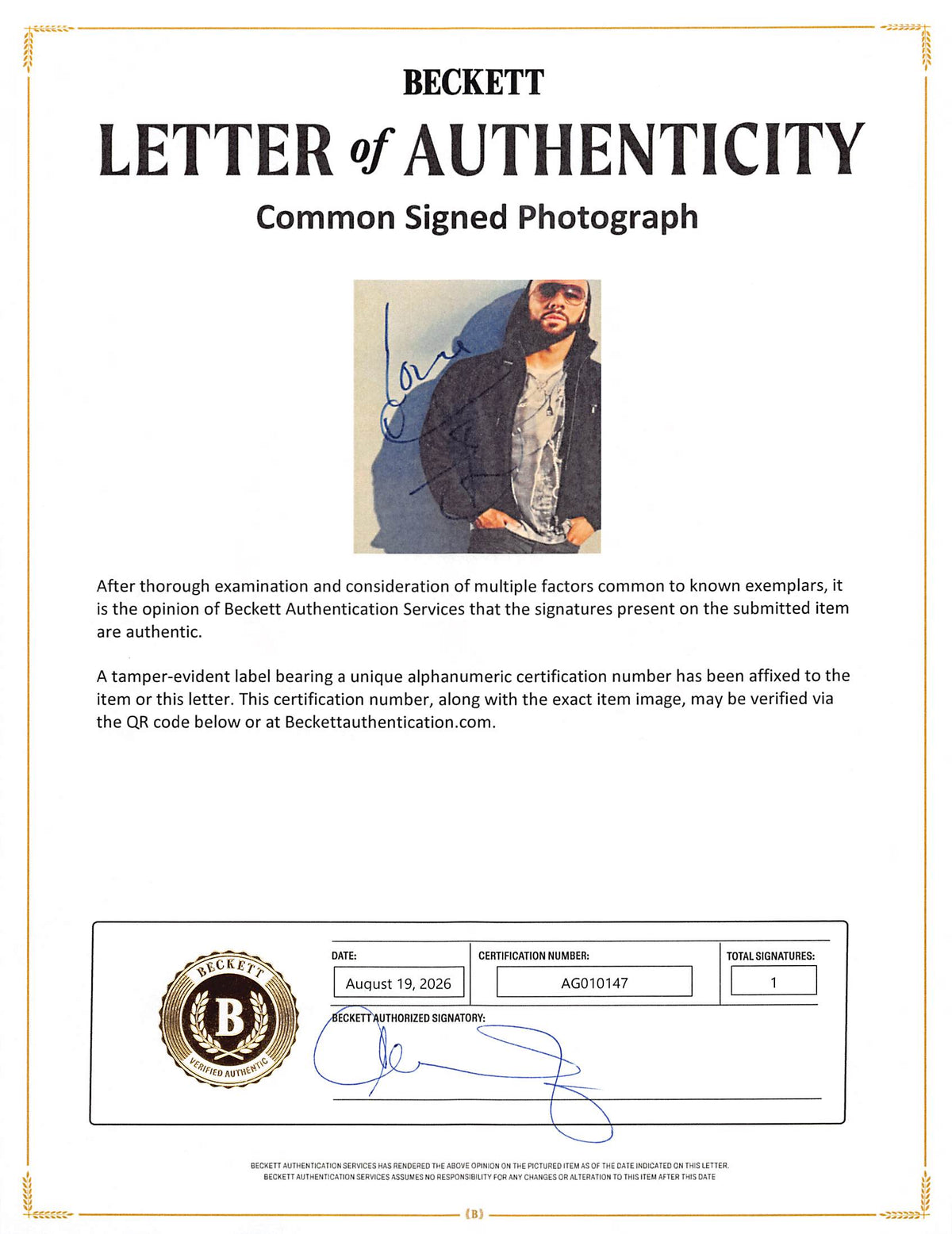 Common Authentic Signed 8x10 Framed Photo Autographed BAS #AG010147