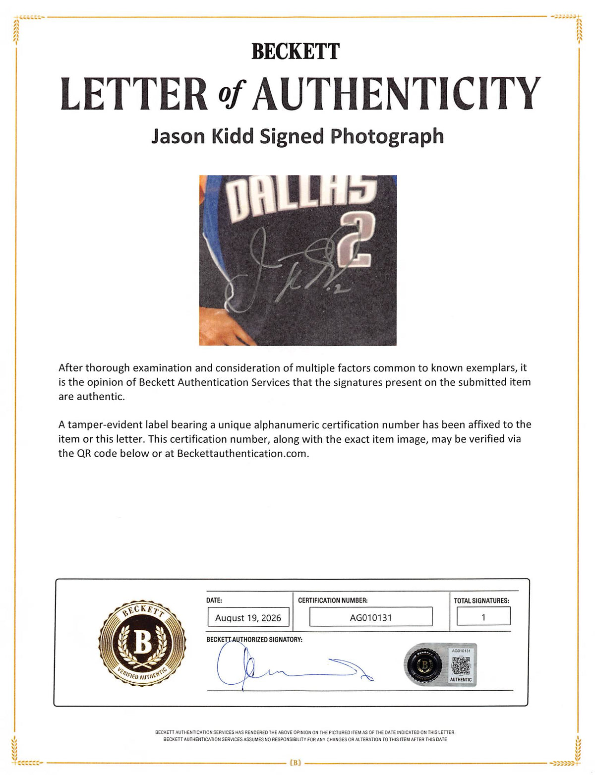 Mavericks Jason Kidd Authentic Signed 16x20 Framed Photo BAS #AG010131