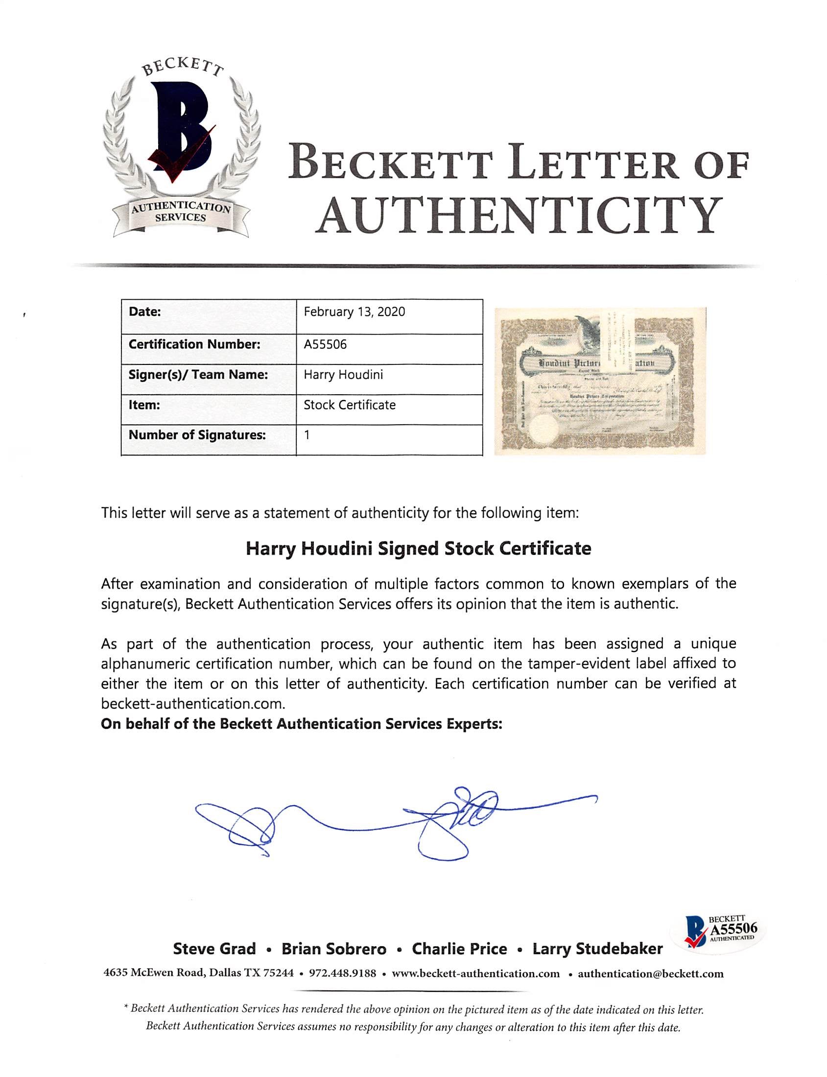 Harry Houdini Signed & Framed 1922 Houdini Picture Corp. Stock Certificate BAS