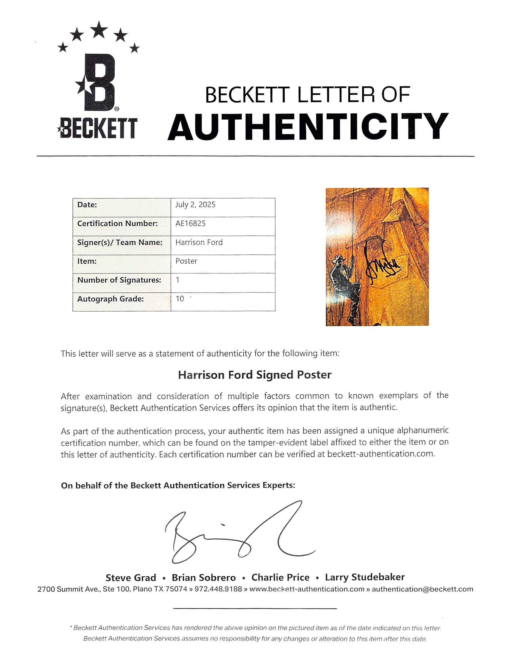 Harrison Ford Raiders of the Lost Ark Signed & Framed 27x40 Poster Auto 10! BAS