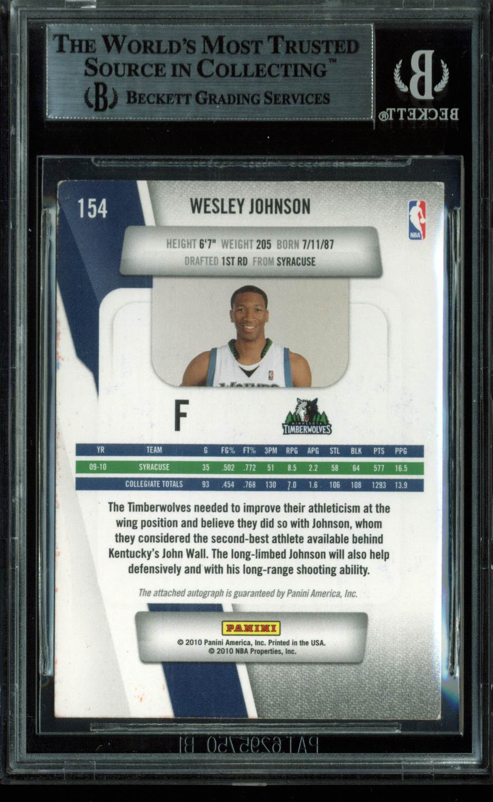 Timberwolves Wesley Johnson Signed Card 2010 Prestige RC #154 BAS Slab #9623048