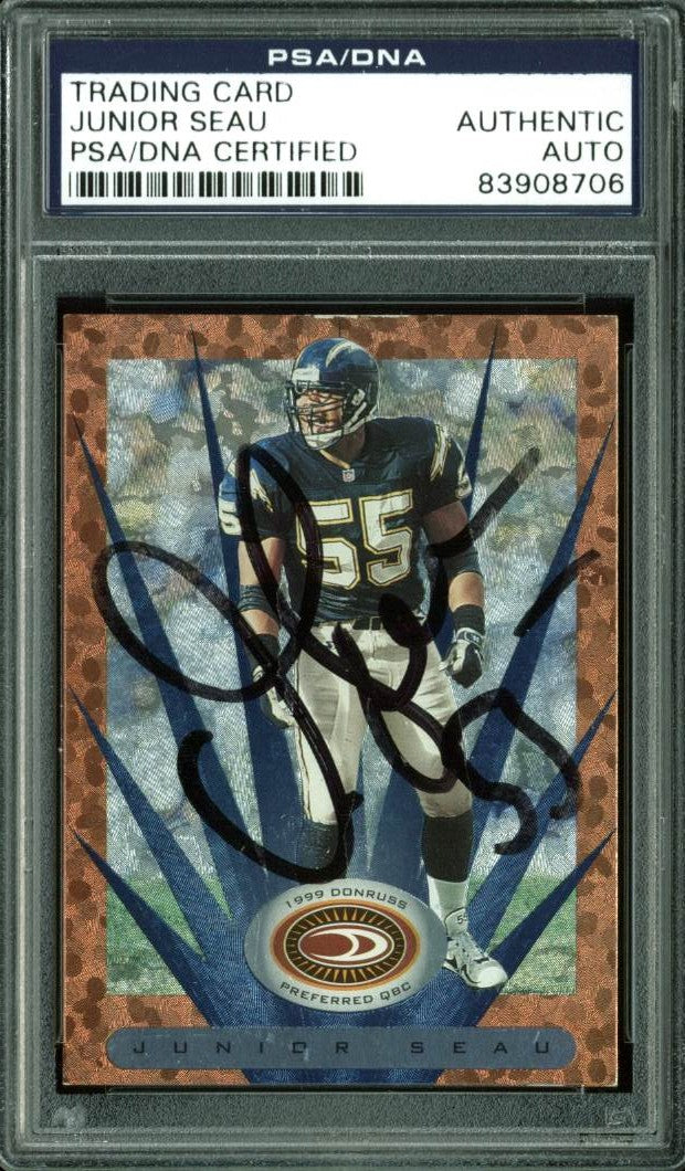 Chargers Junior Seau Authentic Signed Card 1999 Donruss Preferred PSA Slabbed
