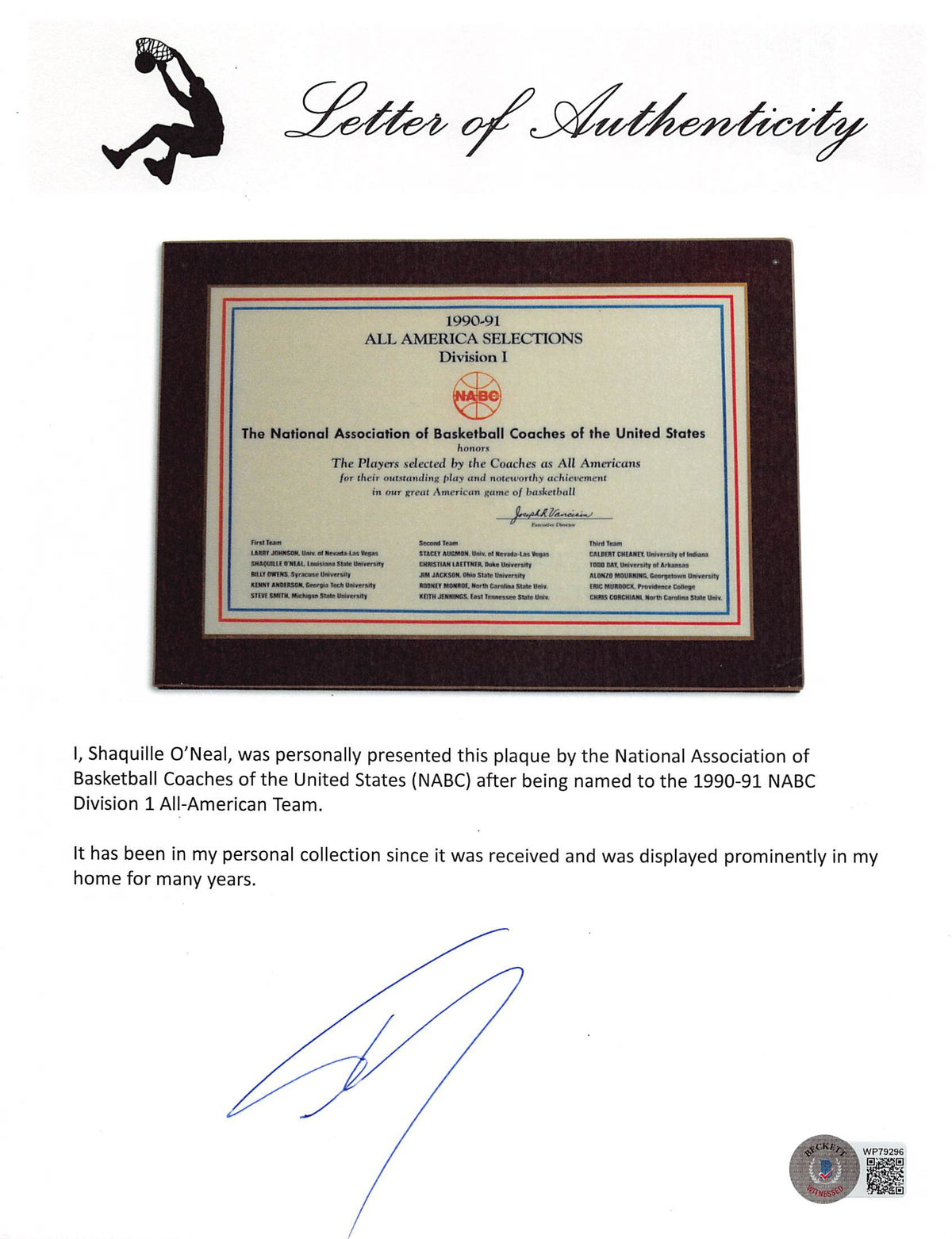Shaquille O'Neal 1990 NABC Division 1 All-American Team Plaque Un-signed