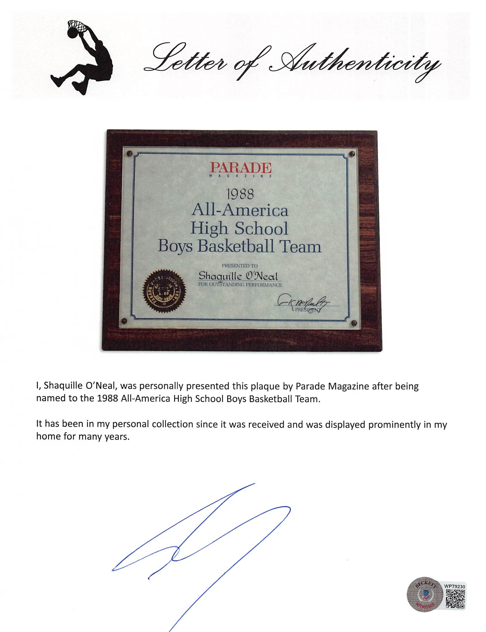 Shaquille O'Neal 1988 All-America High School Boys Basketball Team Plaque