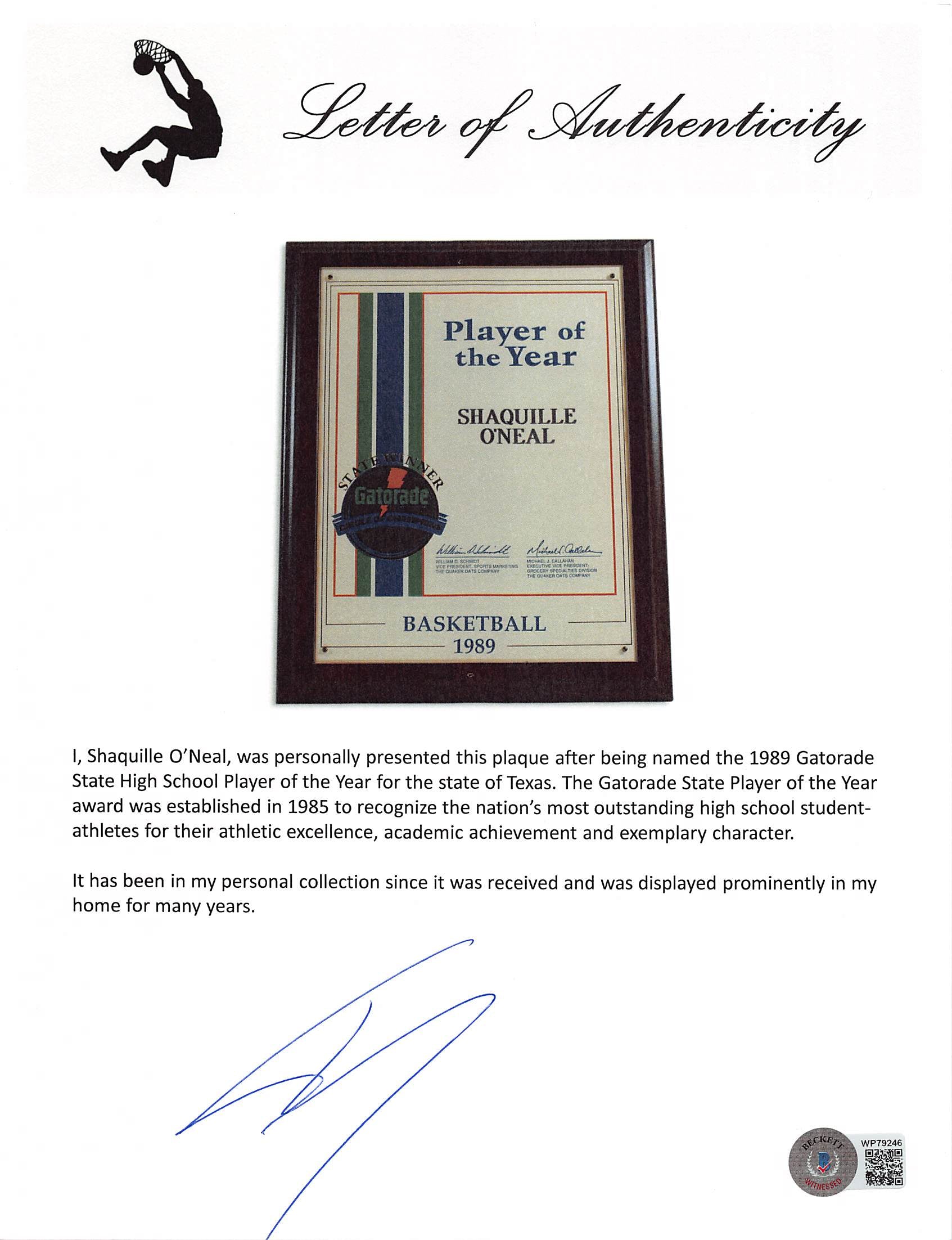 Shaquille O'Neal 1989 Gatorade Texas State High School Player of the Year Plaque