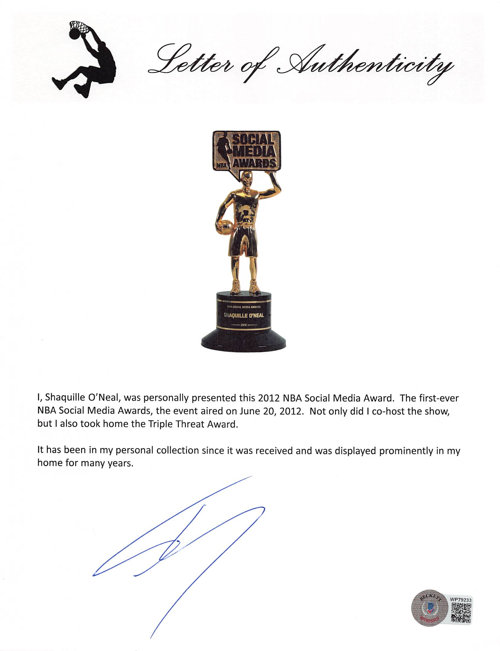 Shaquille O'Neal 12 Inch 2012 NBA Social Media Award Trophy Un-signed