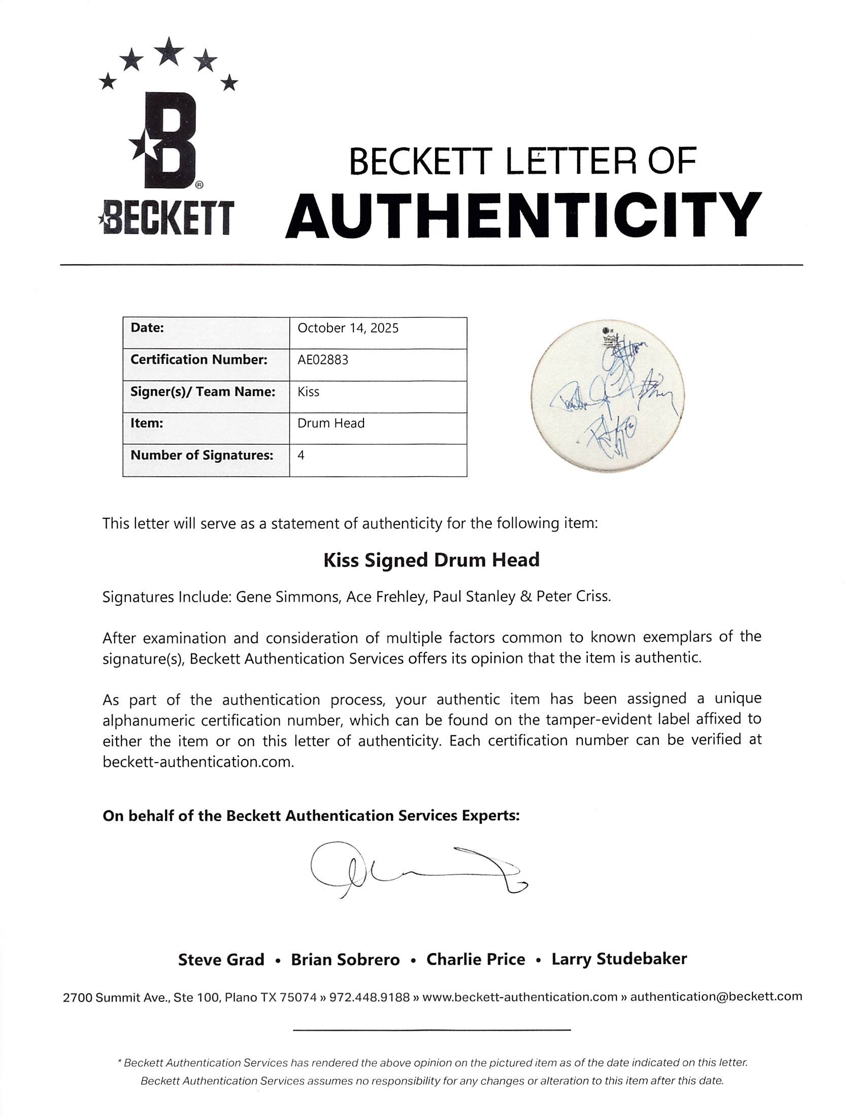 KISS (4) Simmons, Frehley, Stanley & Criss Signed 13 Inch Drum Head BAS #AE02883