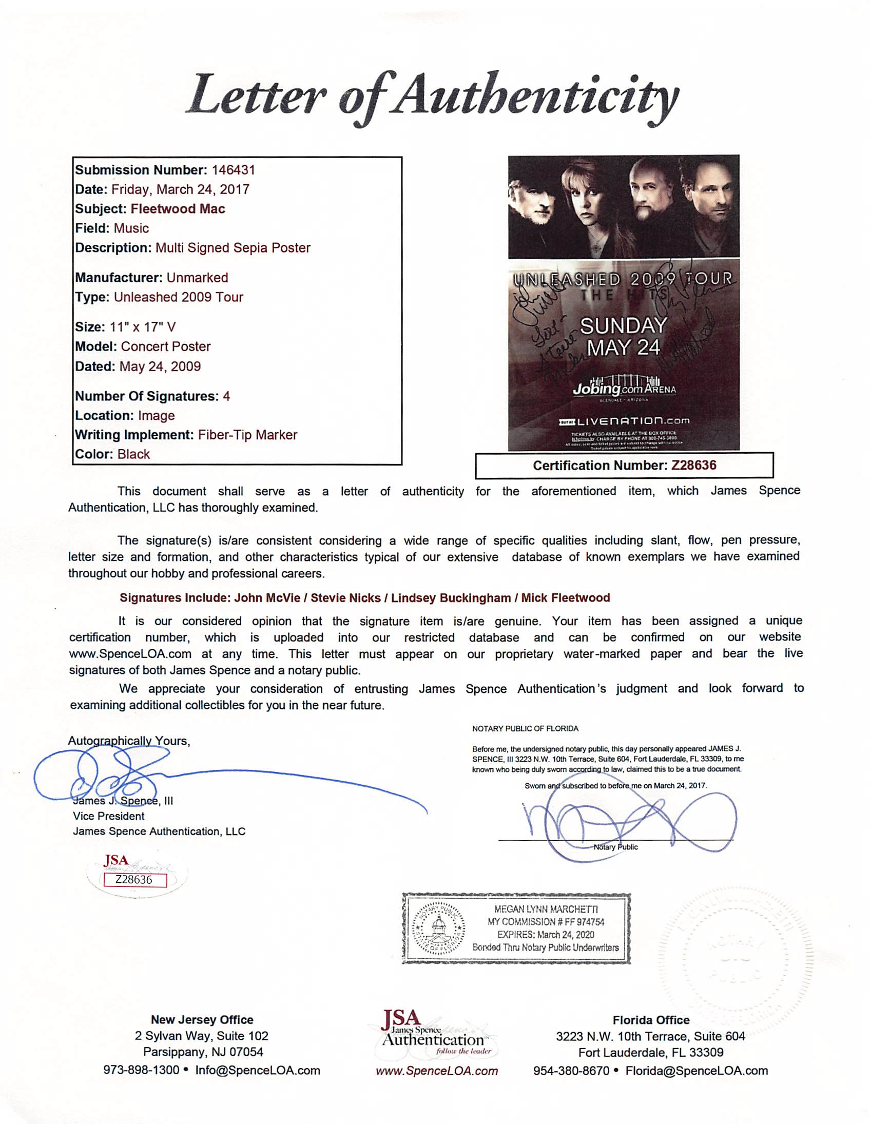 Fleetwood Mac (4) Nicks, Fleetwood, McVie +1 Signed 11x17 2009 Tour Poster JSA