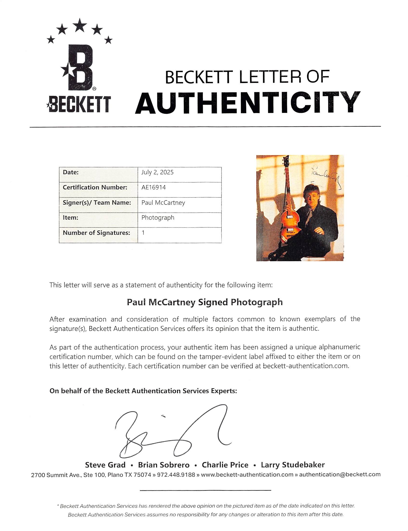 Paul McCartney The Beatles Authentic Signed 10x12 Photo BAS #AE16914