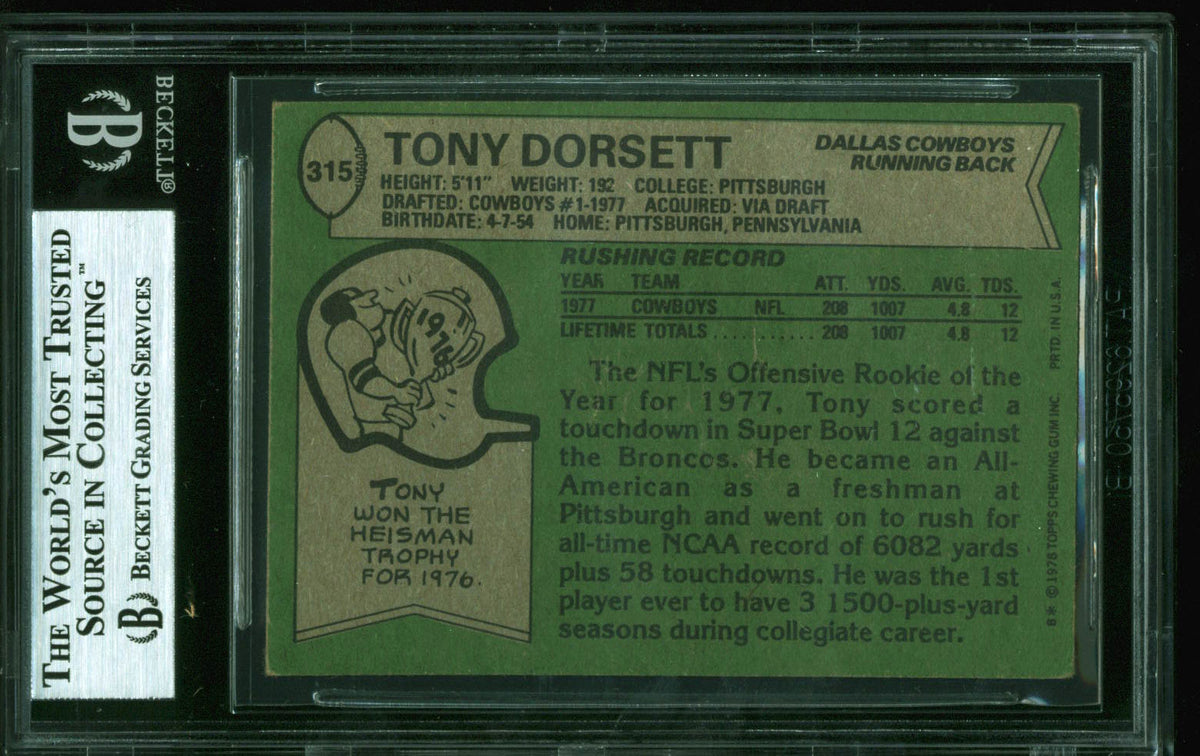 Cowboys Tony Dorsett "ROY 77, HOF 94" Signed 1978 Topps #315 RC Card BAS Slab 2