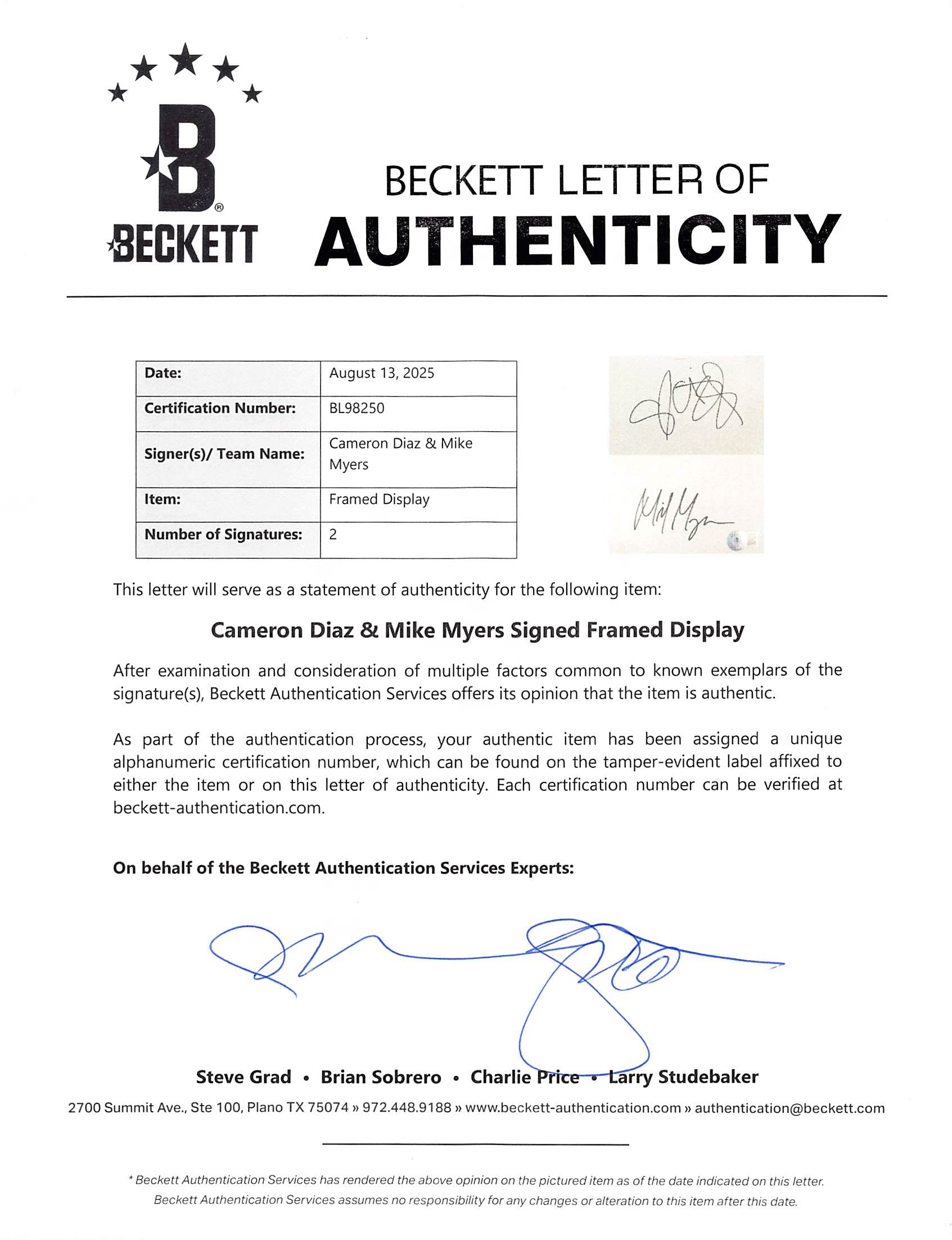 Mike Myers & Cameron Diaz Shrek Authentic Signed Framed Display BAS #BL98250